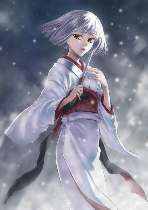 kunimoto ori, original, bad id, bad pixiv id, 1girl, female focus, japanese clothes, kimono, knife, short hair, snow, solo, white hair, wind, yellow eyes
