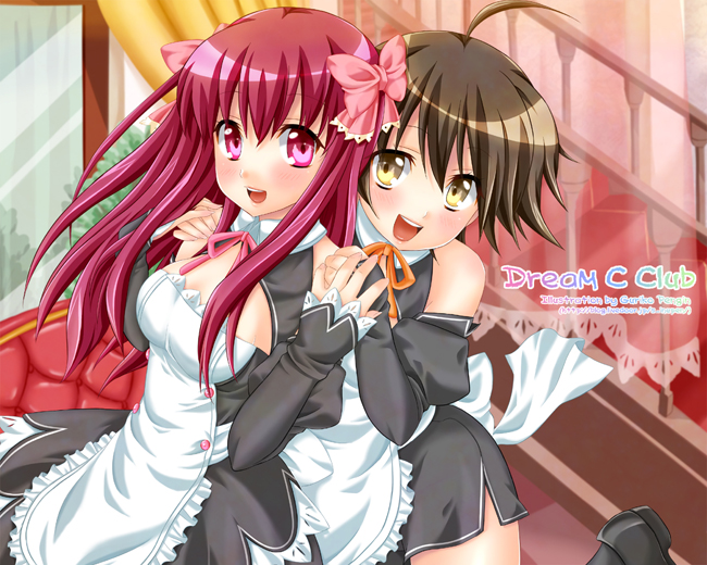 pengin guriko, amane (dream c club), nao (dream c club), dream c club, dream c club (series), bad id, bad pixiv id, 2girls, ahoge, blush, bow, brown hair, detached sleeves, hair bow, multiple girls, open mouth, pink eyes, red hair, ribbon, short hair, waitress, yellow eyes