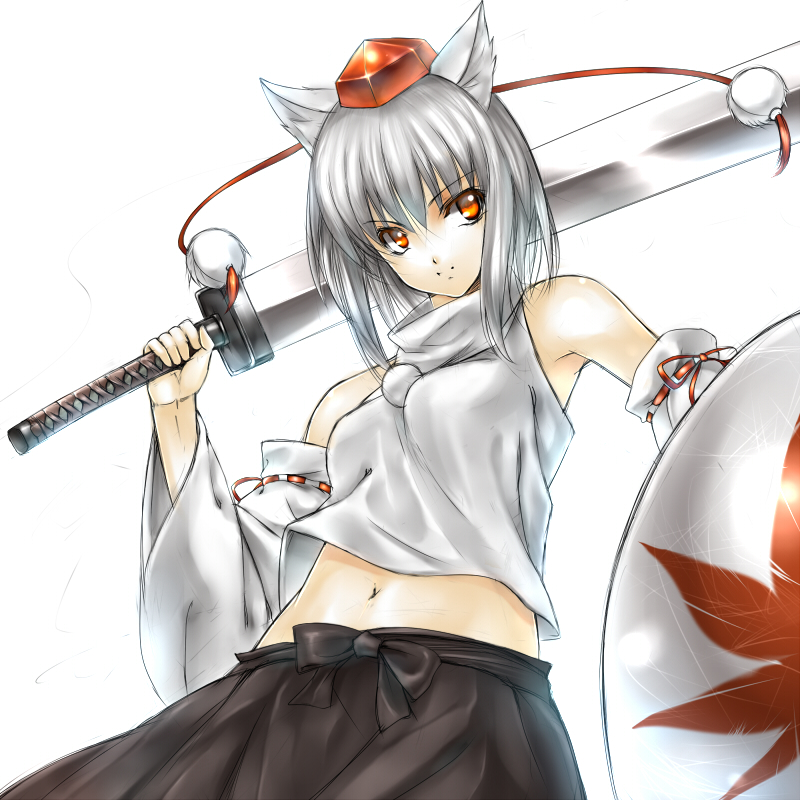 takemori shintarou, inubashiri momiji, touhou, bad id, bad pixiv id, 1girl, animal ears, detached sleeves, female focus, hat, leaf, maple leaf, midriff, navel, red eyes, shield, short hair, simple background, solo, sword, tokin hat, weapon, white background, white hair, wolf ears, yellow eyes