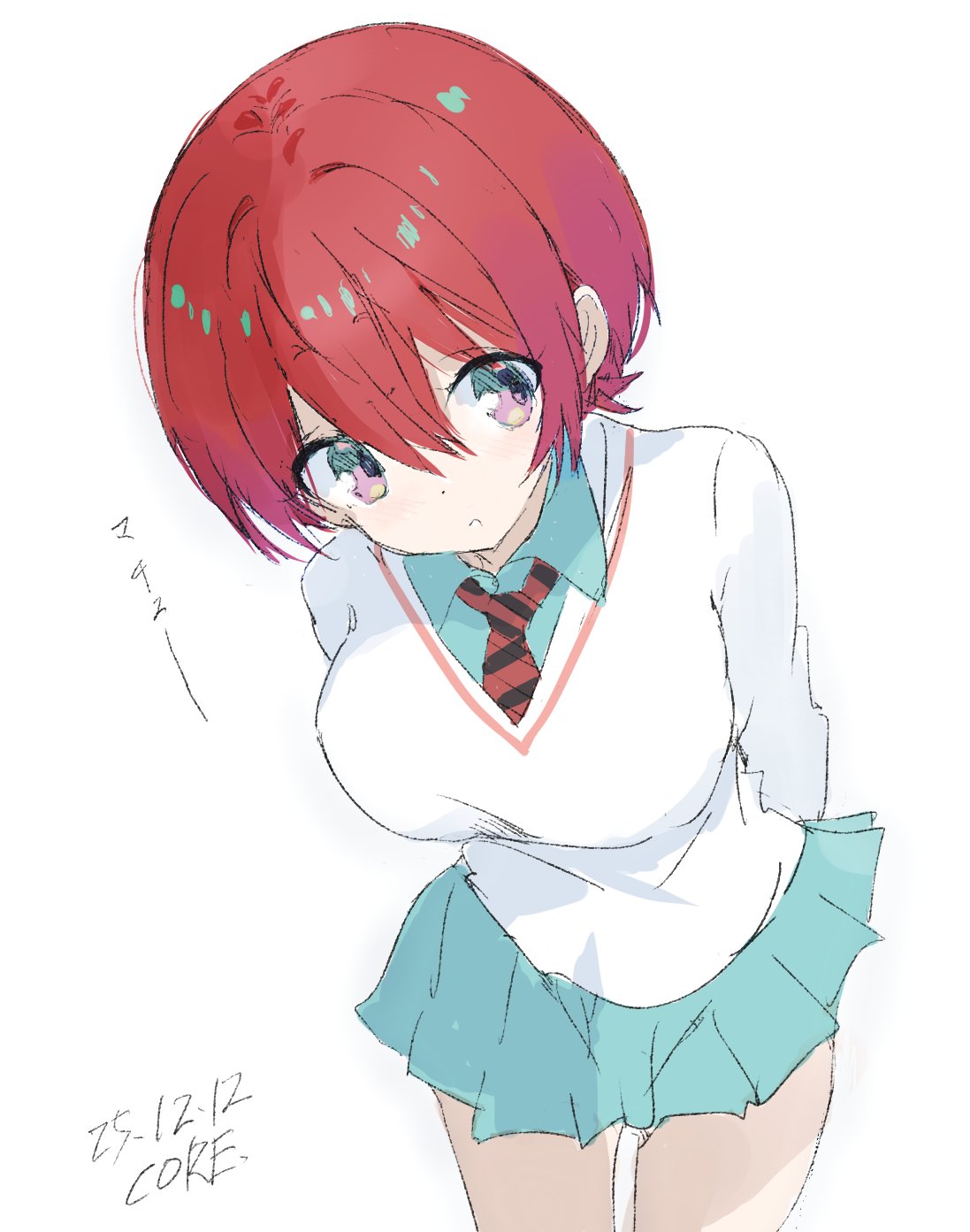 core (mayomayo), amate yuzuriha, gundam, gundam gquuuuuux, commentary request, highres, 1girl, aqua eyes, aqua shirt, aqua skirt, breasts, closed mouth, collared shirt, long sleeves, looking at viewer, necktie, red hair, school uniform, shirt, short hair, signature, simple background, skirt, solo, sweater, white background