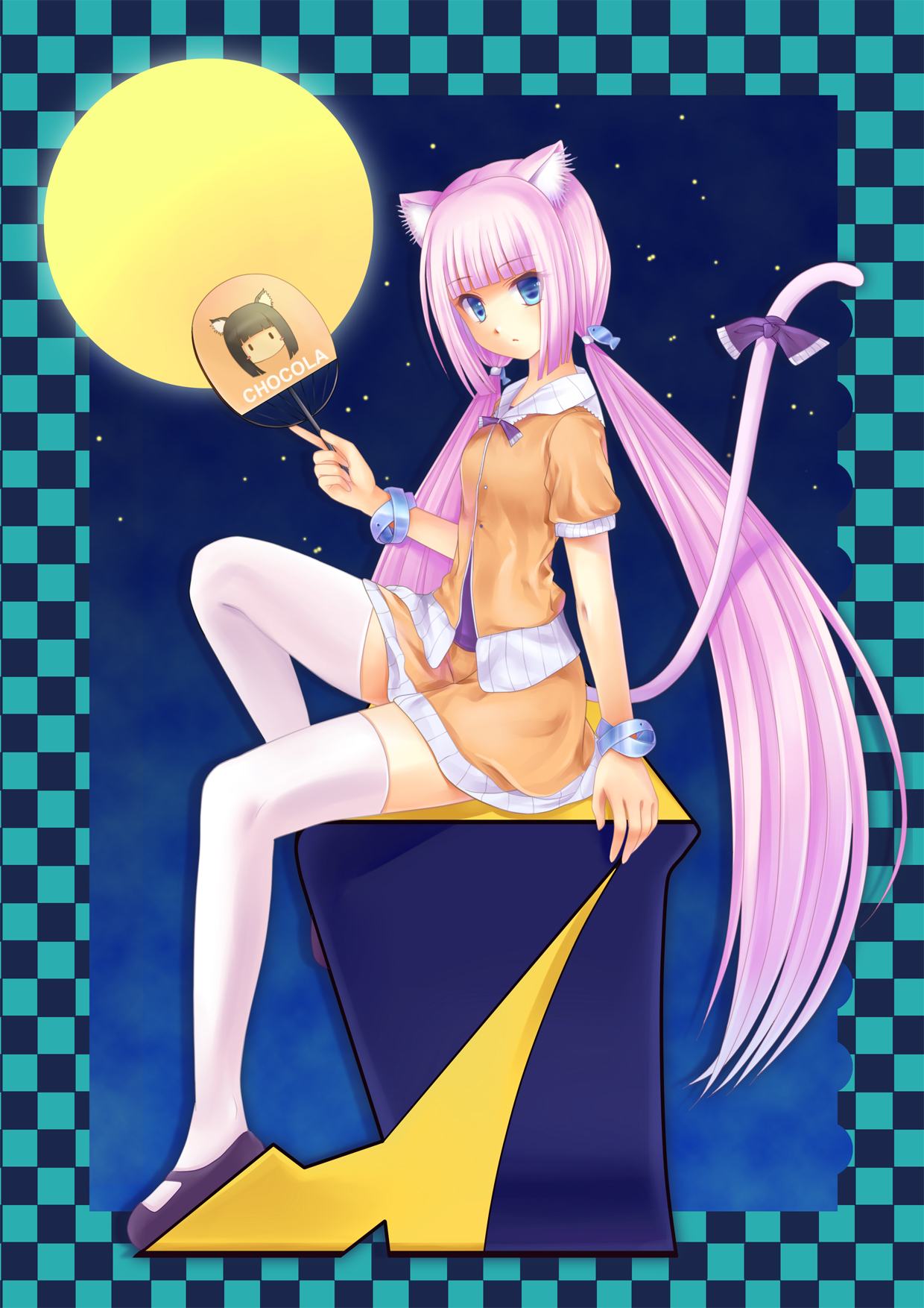 bla (artist), chocola (nekopara), vanilla (nekopara), nekopara, original, highres, 10s, 1girl, animal ear fluff, animal ears, blue eyes, blunt bangs, bow, bracelet, brown hair, cat ears, cat girl, cat tail, english text, engrish text, female focus, full moon, hand fan, jewelry, legs, long hair, moon, pink hair, ranguage, ribbon, sidelocks, sitting, skirt, solo, tail, tail ornament, tail ribbon, thighhighs, twintails, very long hair