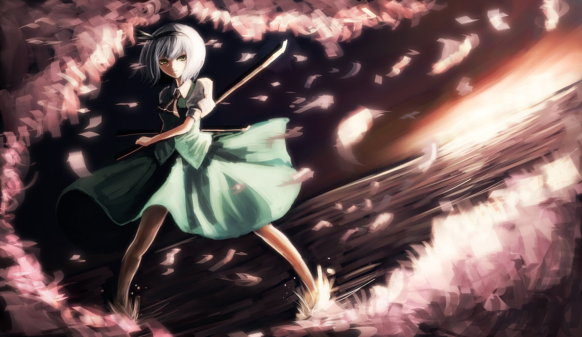 parsley-f, konpaku youmu, touhou, bad id, bad pixiv id, 1girl, black hairband, dutch angle, female focus, fighting stance, green eyes, hairband, katana, outdoors, petals, short hair, sky, solo, splashing, sword, water, weapon, white hair, wind