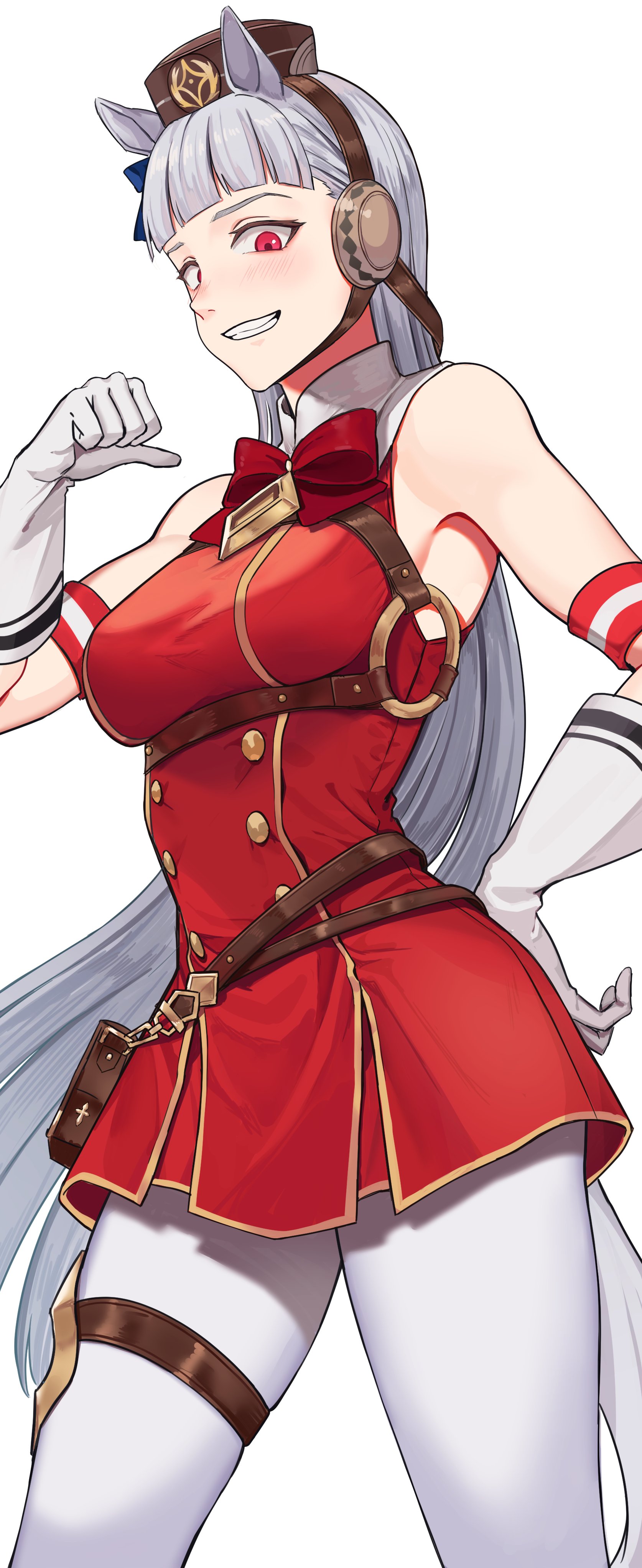 agamemega, gold ship (red strife) (umamusume), gold ship (umamusume), umamusume, absurdres, commentary, highres, 1girl, bare shoulders, belt, bow, bowtie, breasts, brown hat, dress, gloves, hand on own hip, hat, headset, horse girl, jewelry, long hair, o-ring, pantyhose, pointing, pointing at self, red bow, red bowtie, red dress, red eyes, simple background, sleeveless, sleeveless dress, smile, solo, thighlet, white background, white gloves, white hair, white pantyhose