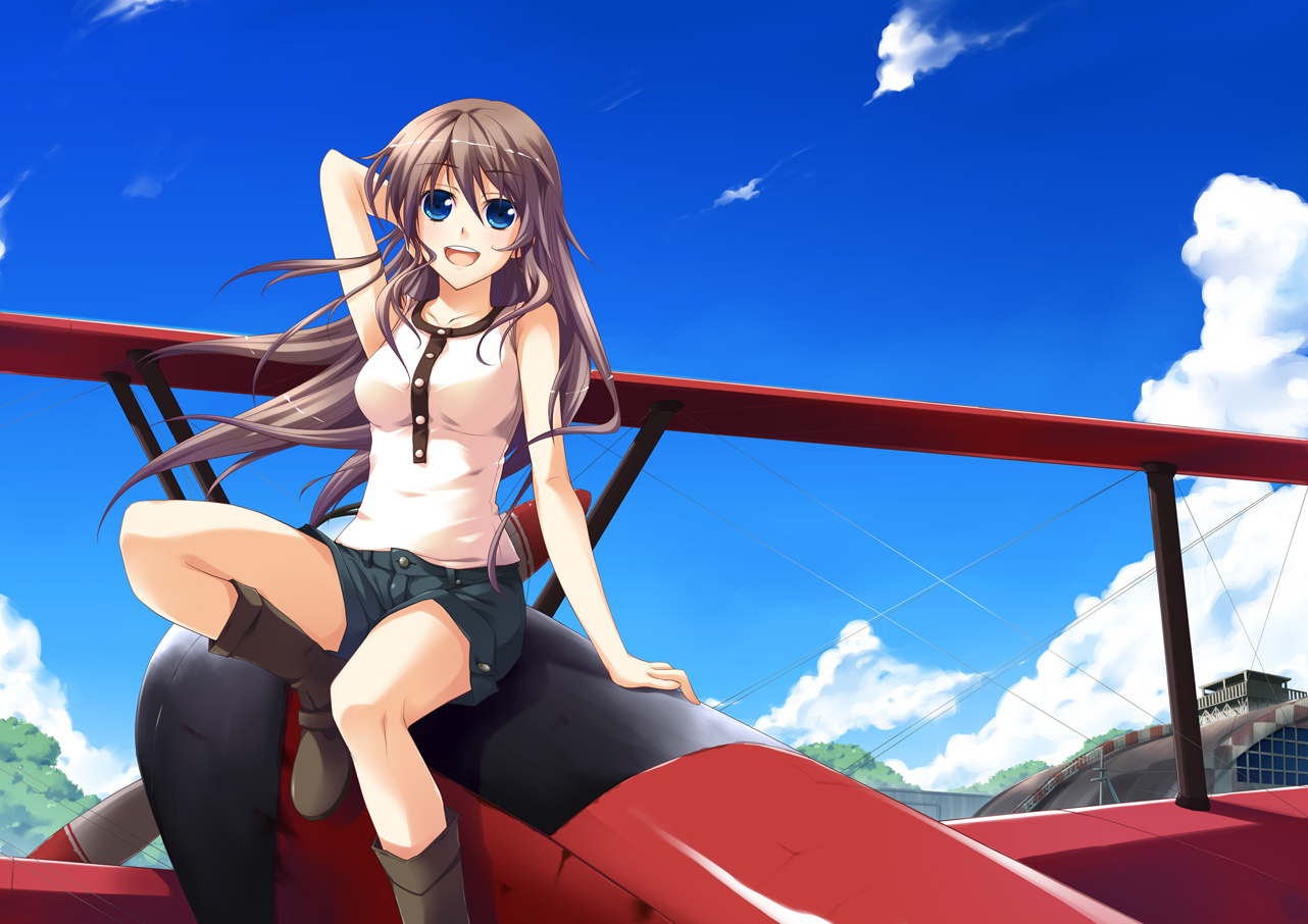 ike masato, original, 1girl, aircraft, airplane, arm behind head, biplane, blue eyes, boots, brown hair, cloud, day, female focus, long hair, open mouth, shorts, sitting, sky, smile, solo