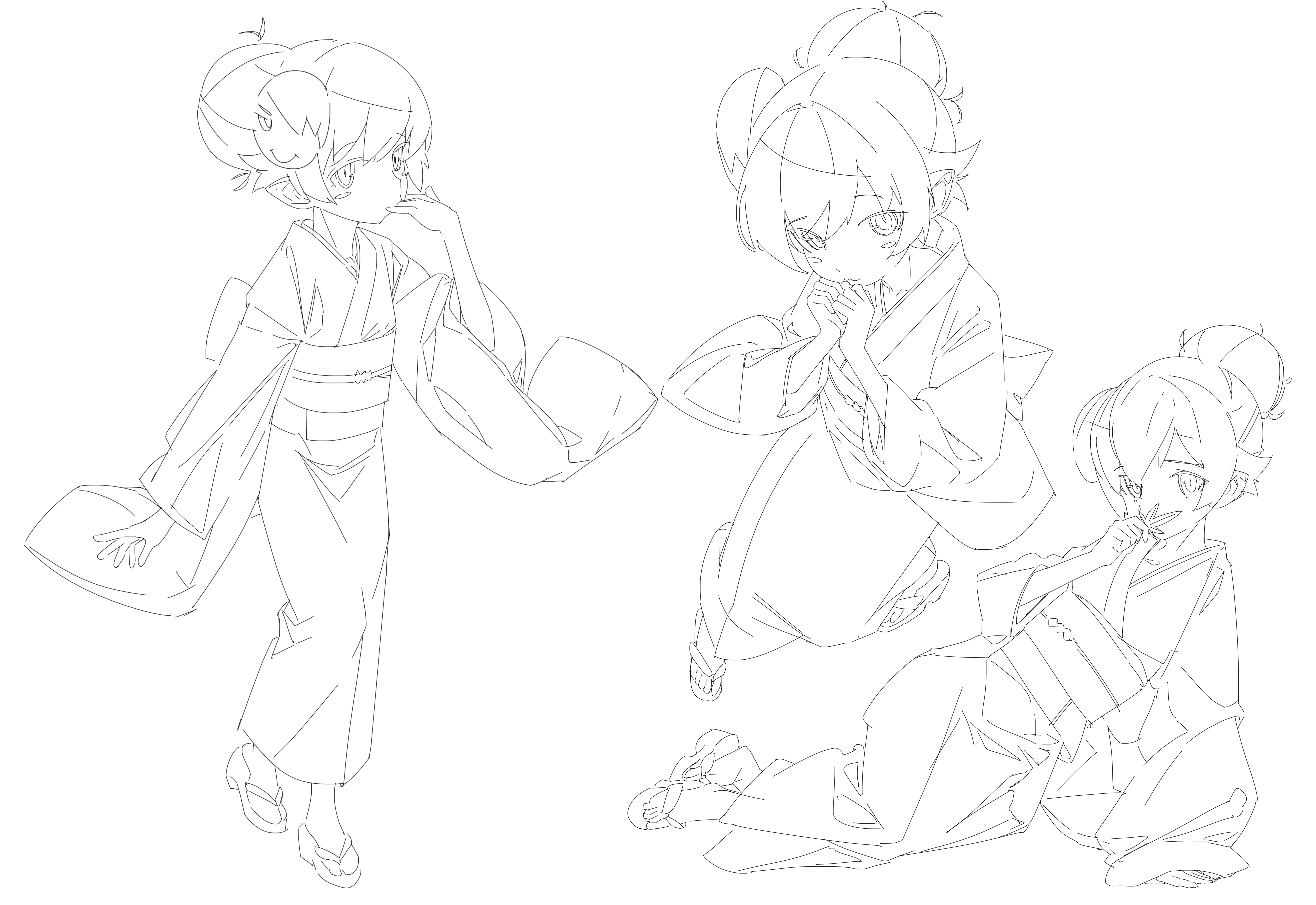 shishirui san, araragi koyomi, oshino shinobu, monogatari (series), absurdres, commentary request, highres, 1girl, :3, arm at side, arm support, blush stickers, bow, character mask, collarbone, covered mouth, eyes visible through hair, flat chest, from above, from side, full body, hair between eyes, hair bun, hair flaps, hair up, hand to own mouth, holding, holding leaf, japanese clothes, kimono, leaf, lineart, long sleeves, looking at viewer, looking to the side, lying, maple leaf, mask, multiple views, obi, obijime, on side, own hands together, pointy ears, reclining, ringed eyes, sandals, sash, sidelocks, simple background, single hair bun, sitting, standing, waist bow, walking, white background, wide sleeves, yokozuwari, yukata