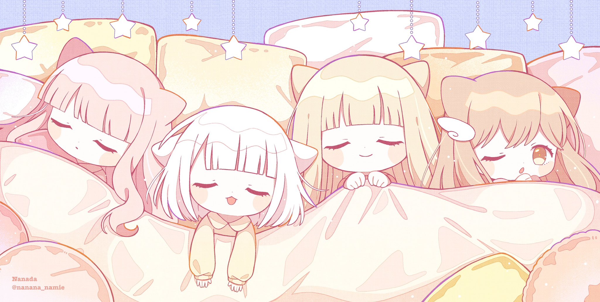 nada namie, original, commentary, highres, symbol-only commentary, 4girls, :d, ;o, animal ears, artist name, blanket, blonde hair, blunt bangs, blush stickers, brown eyes, brown hair, cat ears, cat girl, chibi, chibi only, closed eyes, closed mouth, hair ornament, long hair, multiple girls, one eye closed, open mouth, pillow, pink hair, short hair, sleeping, smile, star (symbol), twitter username, under covers, white hair, wing hair ornament