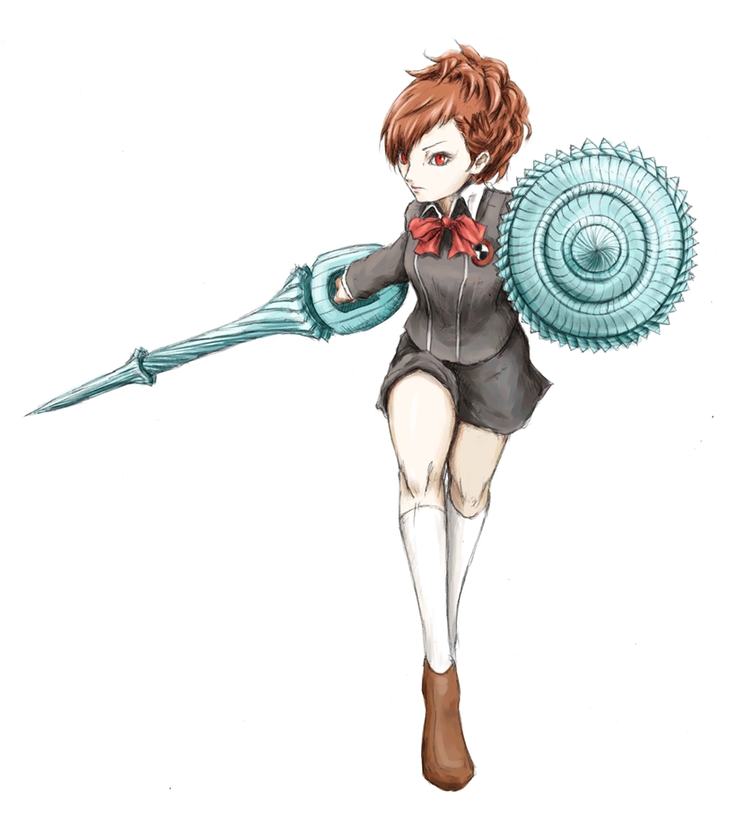 shiomi kotone, atlus, persona, persona 3, senjou no valkyria, senjou no valkyria (series), senjou no valkyria 1, artist request, 00s, alicia melchiott (cosplay), cat litter, cosplay, polearm, red eyes, red hair, school uniform, shield, short hair, skirt, voice actor connection, weapon
