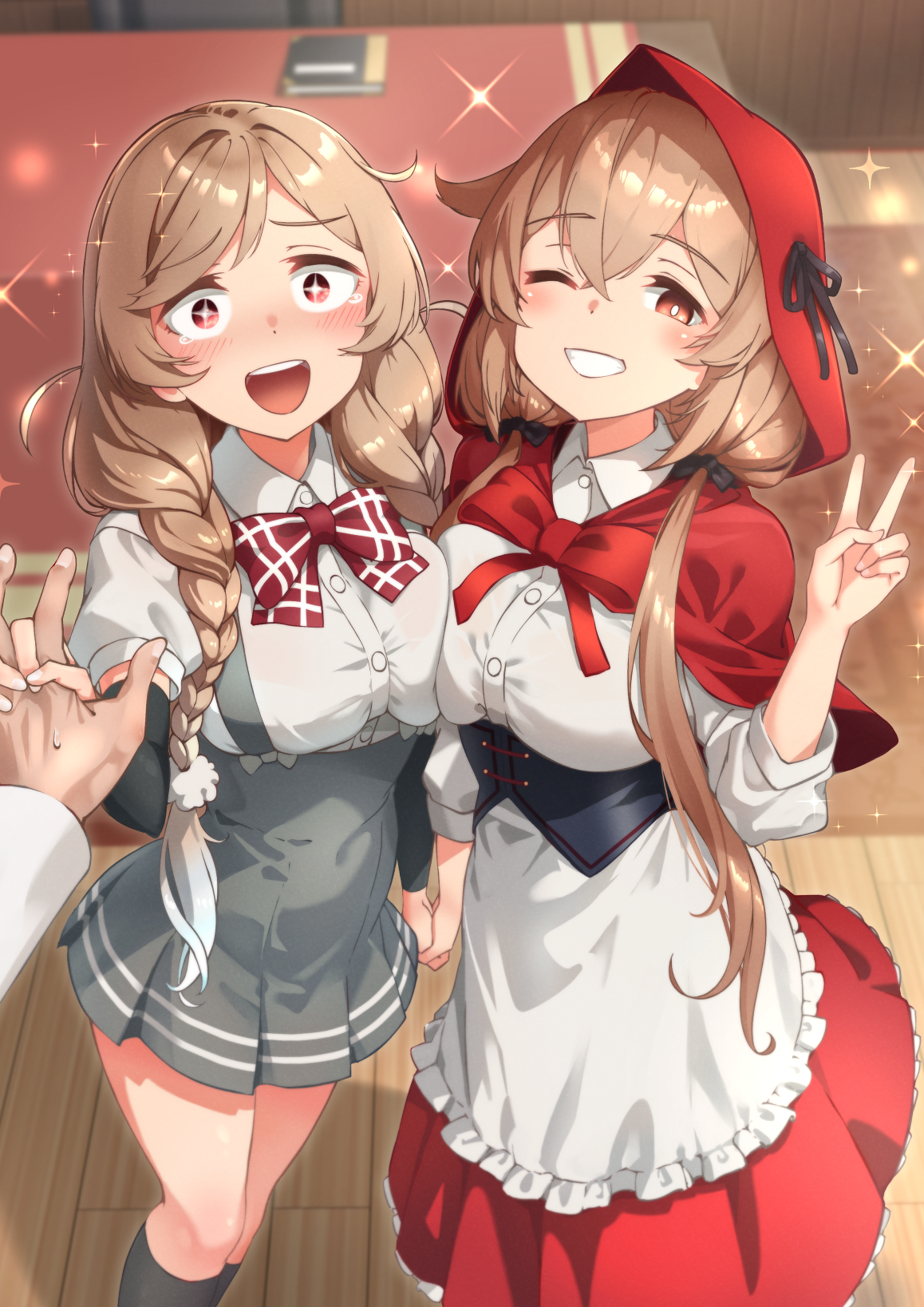 izumi kuma, admiral (kancolle), minegumo (kancolle), murasame (kancolle), kantai collection, little red riding hood (fairy tale), commentary request, highres, 1boy, 2girls, black socks, blush, braid, breasts, brown hair, from above, grin, holding hands, large breasts, long hair, looking at viewer, miniskirt, multiple girls, official alternate costume, one eye closed, open mouth, pleated skirt, pov, pov hands, red eyes, skirt, smile, socks, sparkle, standing, teeth, twin braids, upper teeth only, v, wooden floor