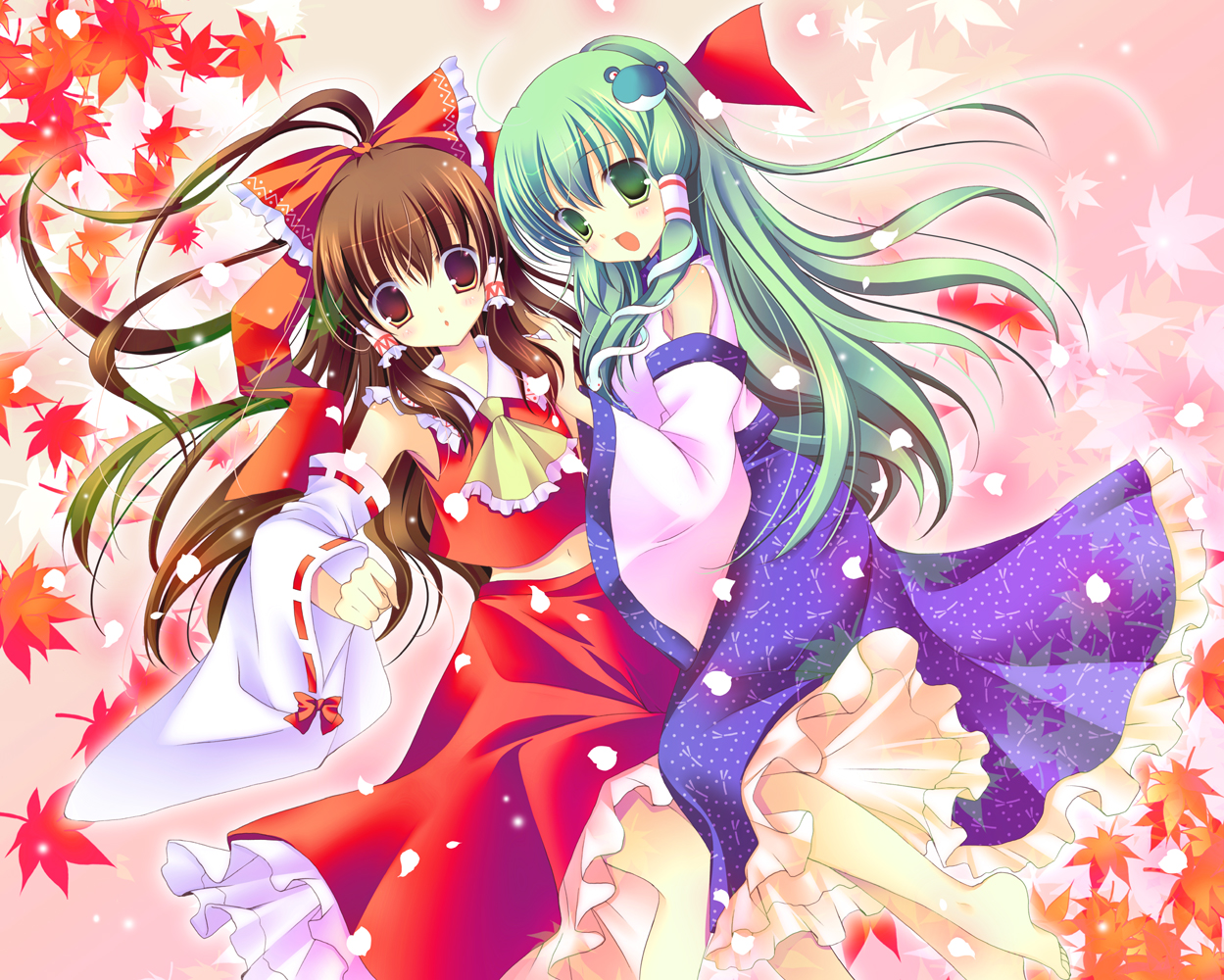 shirogane hina, hakurei reimu, kochiya sanae, touhou, 2girls, barefoot, bow, brown hair, detached sleeves, female focus, green eyes, green hair, japanese clothes, long hair, miko, multiple girls, navel