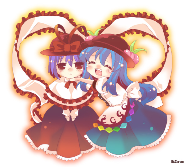 kirero, hinanawi tenshi, nagae iku, touhou, 2girls, :<, blue hair, capelet, chibi, closed eyes, food, frills, fruit, hat, hug, leaf, multiple girls, peach, red eyes, shawl