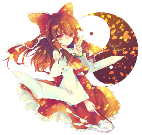 kirero, hakurei reimu, touhou, lowres, 1girl, brown eyes, brown hair, detached sleeves, female focus, gohei, ribbon, solo, yin yang