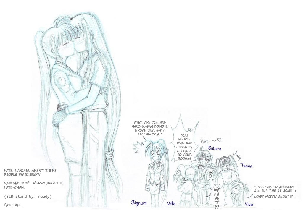 fate testarossa, signum, subaru nakajima, takamachi nanoha, teana lanster, vita (nanoha), vivio, lyrical nanoha, mahou shoujo lyrical nanoha, mahou shoujo lyrical nanoha strikers, hard-translated, third-party edit, 00s, 6+girls, blush, closed eyes, english text, hug, kiss, long hair, military, military uniform, multiple girls, side ponytail, smile, surprised, yuri