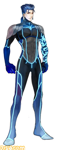 wada arco, cu chulainn (fate), cu chulainn (fate/extra), fate/extra, fate/stay night, fate (series), lowres, official art, 00s, 10s, blue hair, bodysuit, male focus, neon trim, official alternate costume, solo, watermark