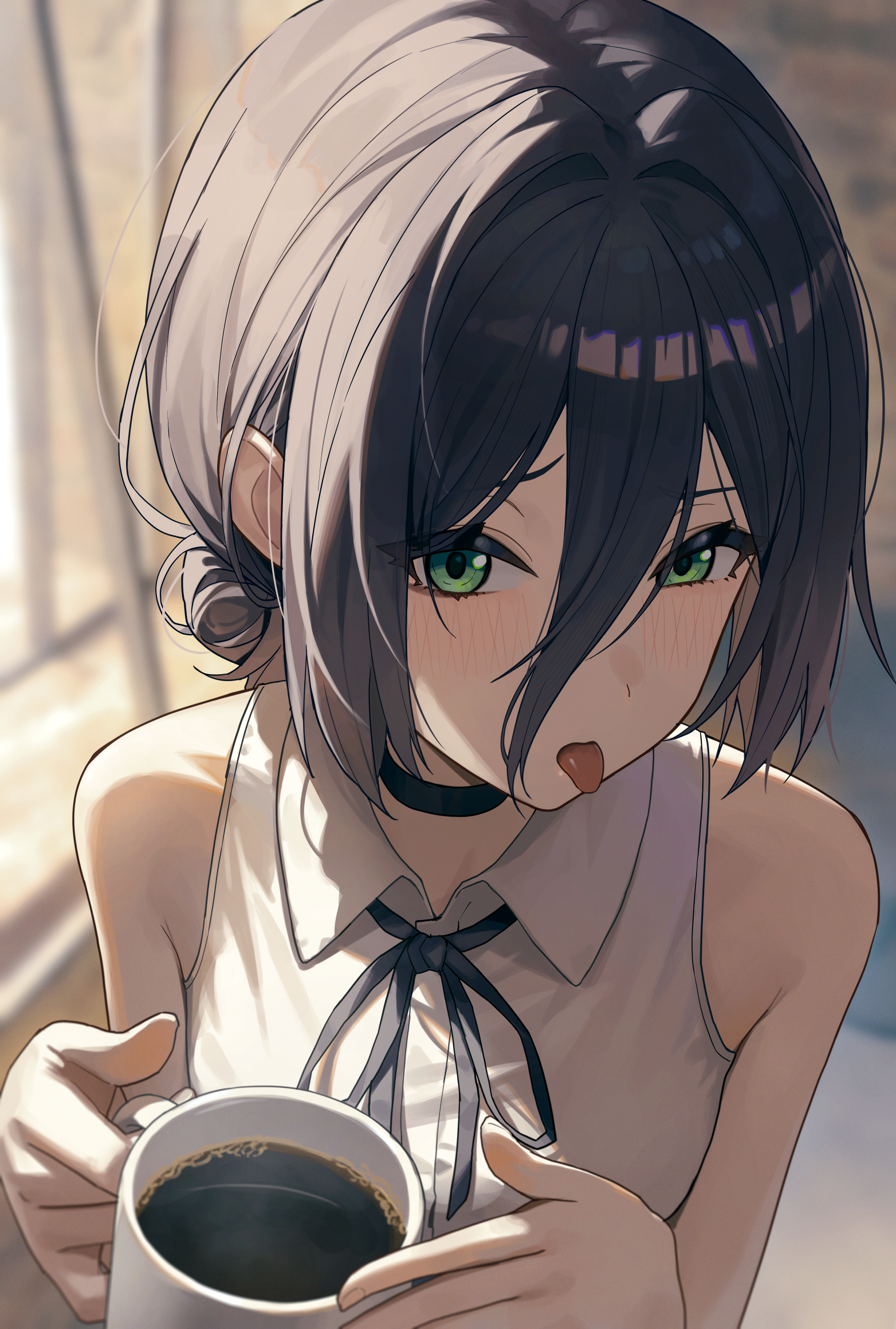 suumon, reze (chainsaw man), chainsaw man, commentary request, highres, 1girl, bare shoulders, black hair, black ribbon, blurry, blurry background, blush, coffee mug, cup, green eyes, hair between eyes, holding, holding cup, looking at viewer, mug, ribbon, shirt, short hair, sleeveless, sleeveless shirt, solo, steam, tongue, tongue out, upper body