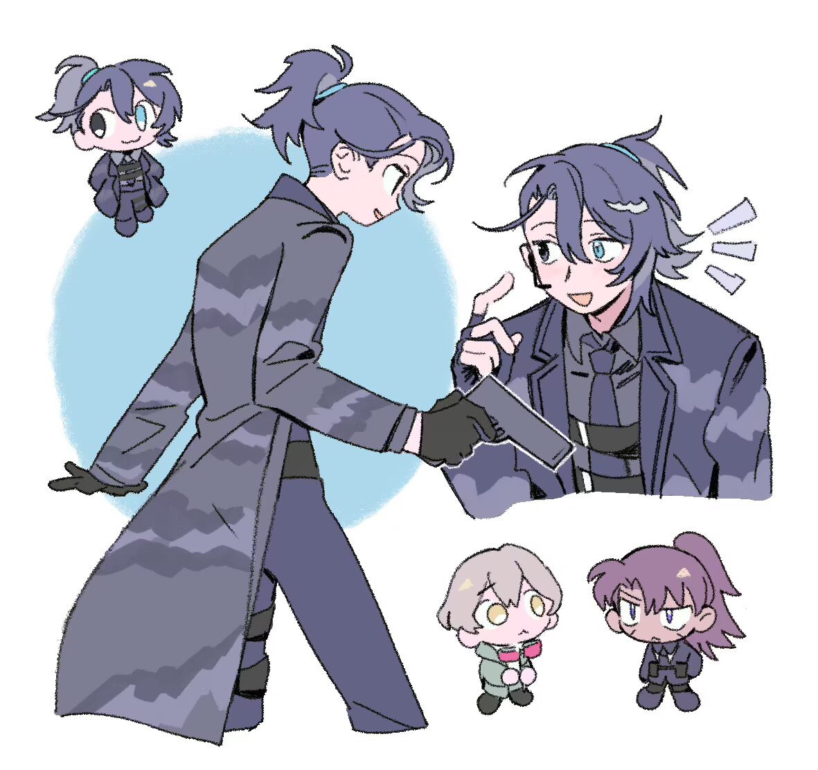 heathcliff (project moon), hong lu (project moon), sinclair (project moon), limbus company, project moon, 3boys, aqua eyes, bakori 555, black coat, black eyes, black hair, black necktie, black shirt, blonde hair, blue hair, blue pants, brown hair, coat, collared shirt, full-stop office (identity) (project moon), heterochromia, high ponytail, long hair, male focus, multiple boys, necktie, open mouth, pants, ponytail, shirt, smile, solo focus, very long hair, yellow eyes