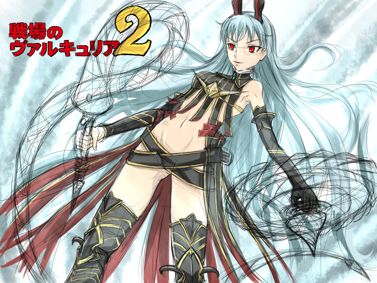 kukurus, aliasse, senjou no valkyria (series), senjou no valkyria 2, silver hair, unfinished, 00s, elbow gloves, gloves, hair ornament, horns, long hair, red eyes, shield, thighhighs, whip