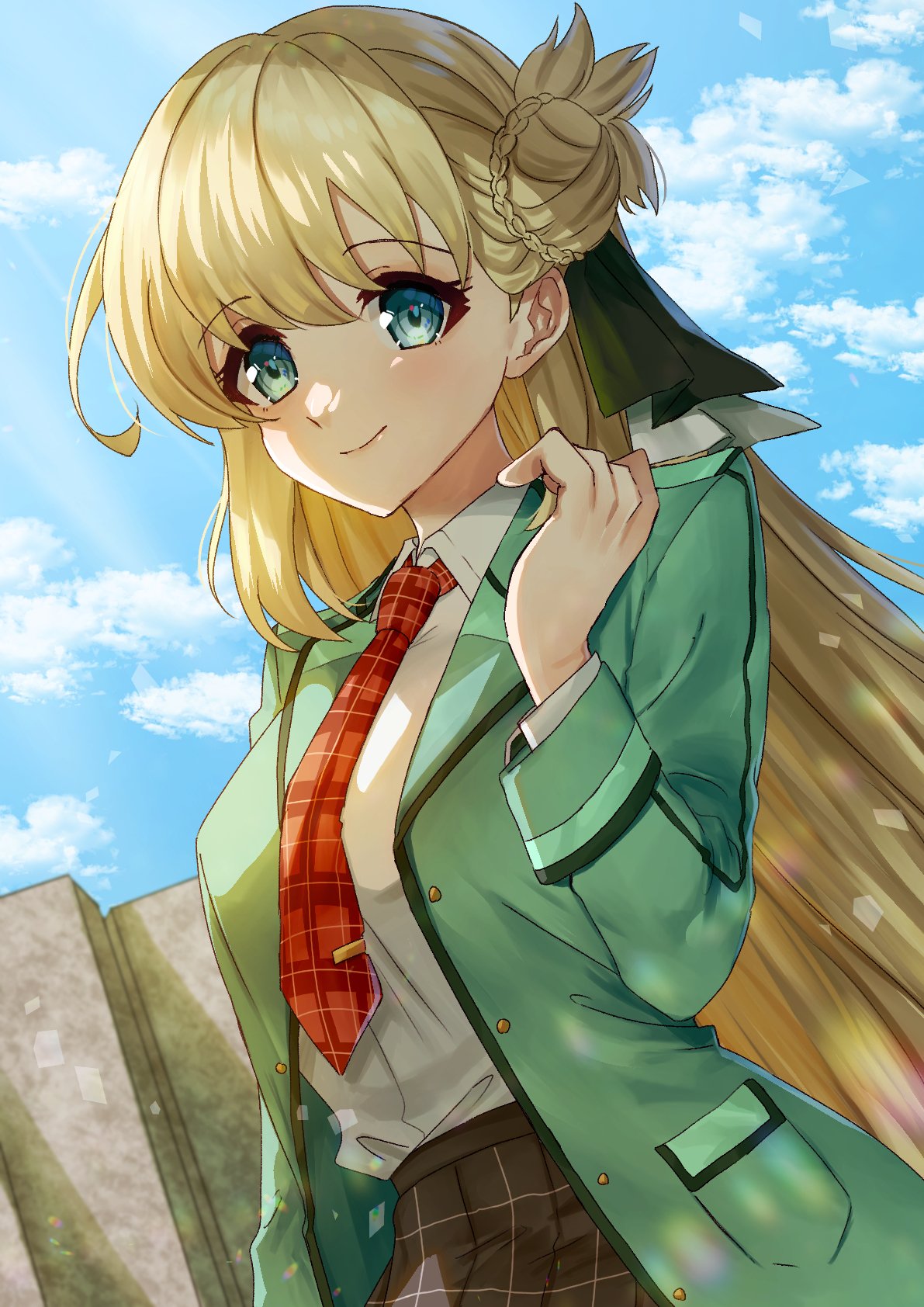 nu bo bo o, agnes claudel, eiyuu densetsu, kuro no kiseki (series), kuro no kiseki i, commentary request, highres, 1girl, aramis high school uniform, blonde hair, blue eyes, braid, braided bun, bun with braided base, collared shrug, double-parted bangs, hair bun, long hair, low-tied long hair, necktie, plaid clothes, plaid necktie, school uniform, shrug (clothing), simple background, single side bun, smile