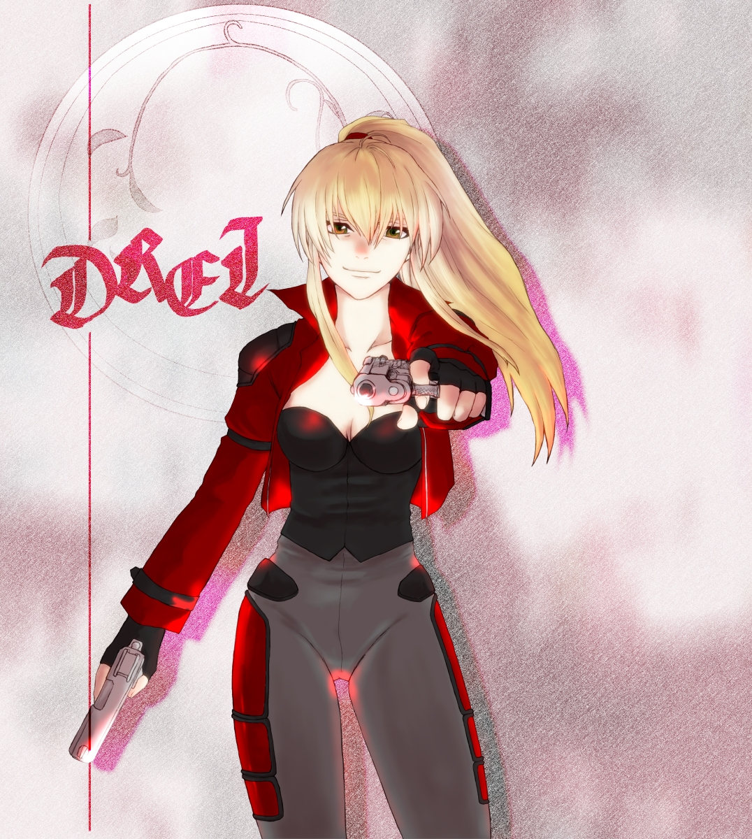 haruno machi, cal devens, phantom of inferno, highres, 1girl, aiming, aiming at viewer, blonde hair, bodysuit, cameltoe, female focus, gun, handgun, jacket, pistol, ponytail, smirk, solo, weapon