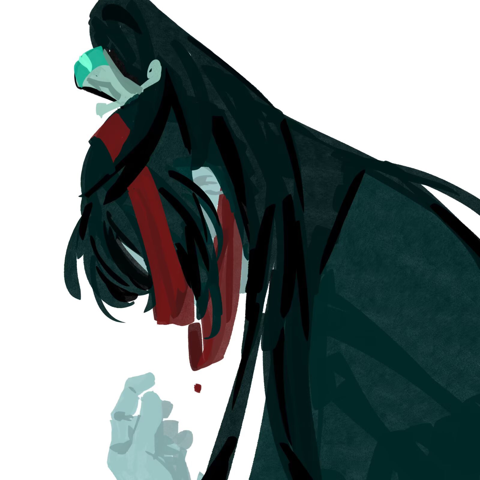 hong lu (project moon), limbus company, project moon, highres, 1boy, bakori 555, bandages, bandages over eyes, black coat, black hair, blood, coat, family hierarch candidate (identity) (project moon), hand up, high ponytail, long hair, no lineart, ponytail, red bandage, simple background, solo, very long hair, white background