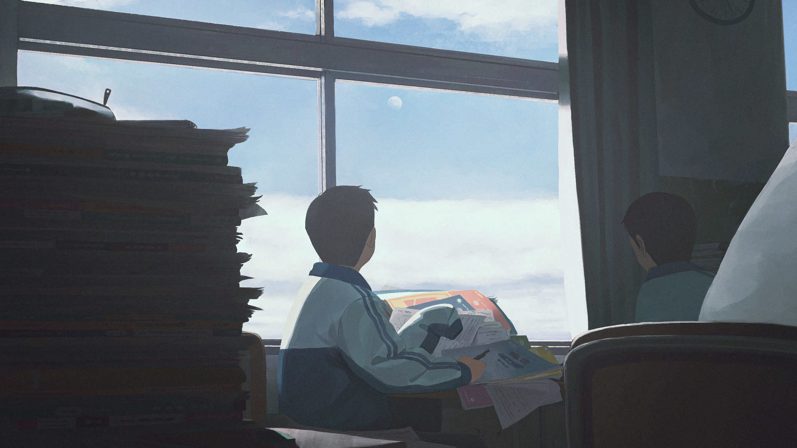 jiankun yu, original, highres, 2boys, black hair, blue jacket, blue sky, book, book stack, clock, cloud, cloudy sky, contrast, curtains, day, desk, eraser, from side, holding, holding pencil, indoors, jacket, long sleeves, looking outside, looking up, male focus, moon, multiple boys, paper, pencil, school desk, short hair, sitting, sky, track jacket, window, writing