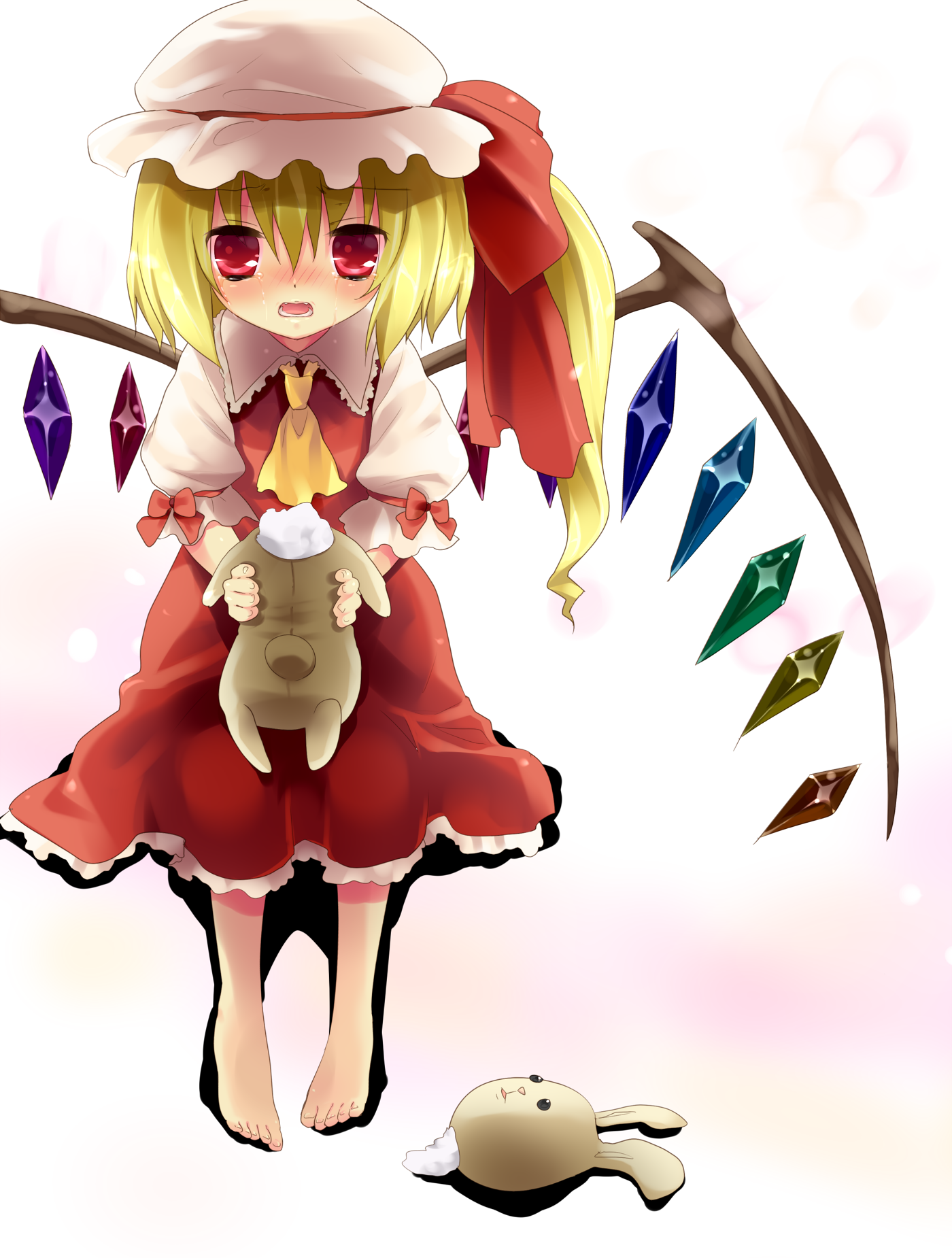 tokira nozumi, flandre scarlet, touhou, highres, 1girl, barefoot, blonde hair, blush, female focus, hat, ponytail, rabbit, red eyes, short hair, side ponytail, solo, stuffed animal, stuffed rabbit, stuffed toy, tears, wings
