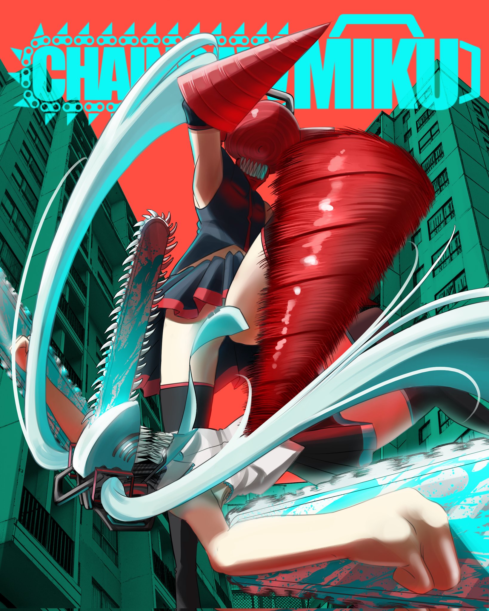 hatsune miku, kasane teto, kasane teto (utau), chainsaw man, utau, vocaloid, commentary, english commentary, highres, 2girls, aqua hair, bow, building, detached sleeves, drill, drill hand, falling, from below, joblessdodo, multiple girls, parody, red bow, sharp teeth, sleeveless, teeth, title parody