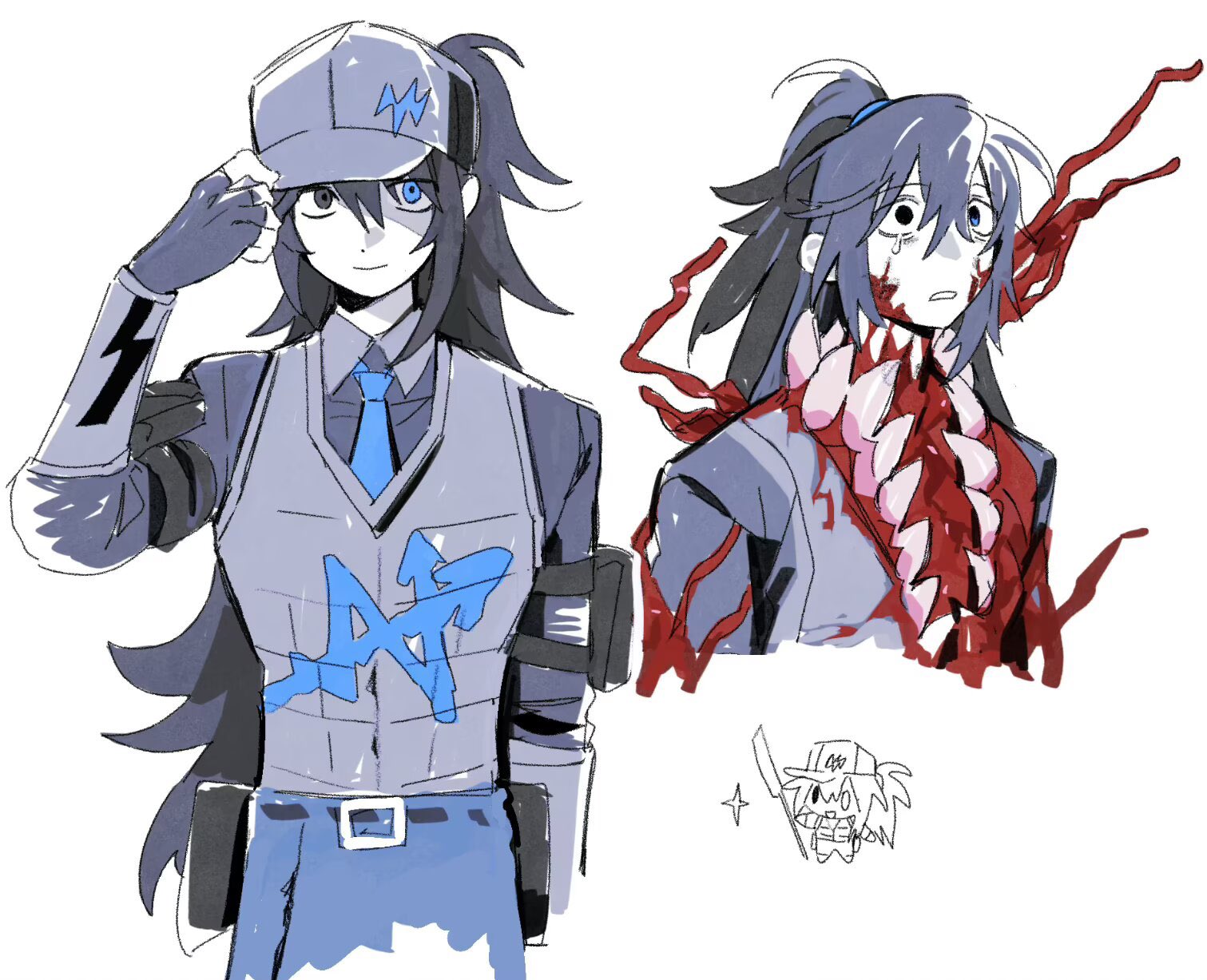 hong lu (project moon), limbus company, project moon, highres, 1boy, arm strap, bakori 555, black eyes, black gloves, black hair, black shirt, blue pants, body horror, dimension shredder (e.g.o), e.g.o (project moon), extra teeth, fingerless gloves, flesh, gloves, male focus, multiple views, pants, shirt, simple background, w corp. (identity) (project moon), white background, wide-eyed