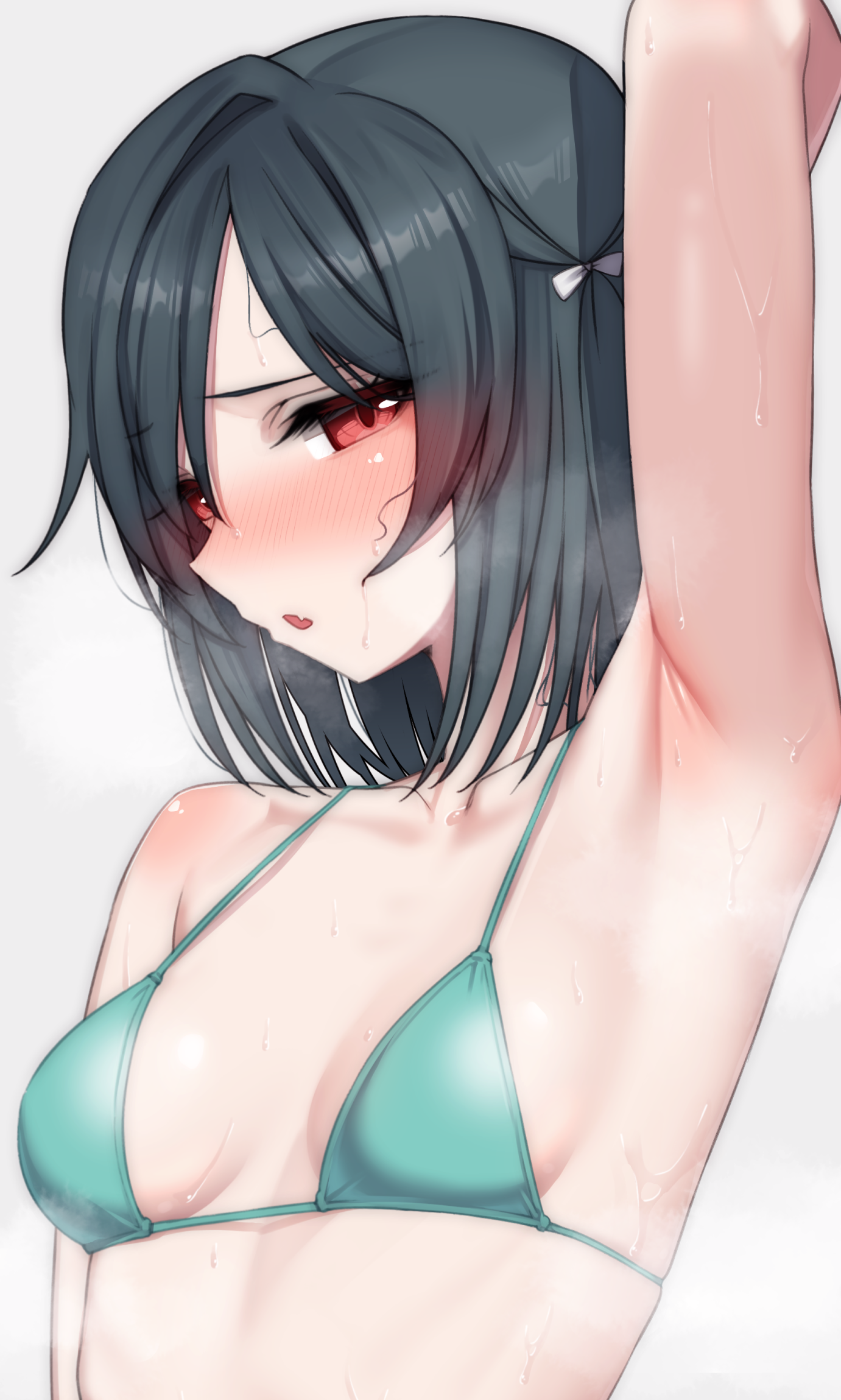 nasuno (nasuno42), mifune shioriko, love live!, love live! nijigasaki high school idol club, commentary request, highres, 1girl, arm up, armpits, bikini, black hair, blush, collarbone, green bikini, grey background, looking at viewer, red eyes, short hair, simple background, solo, steaming body, sweat, swimsuit, upper body