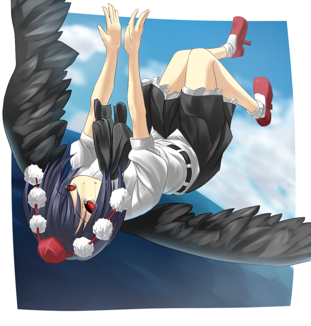 makai no koutaishi, shameimaru aya, touhou, 1girl, black hair, black wings, expressionless, falling, female focus, geta, hat, looking up, red eyes, short hair, solo, tengu-geta, tokin hat, upside-down, wings