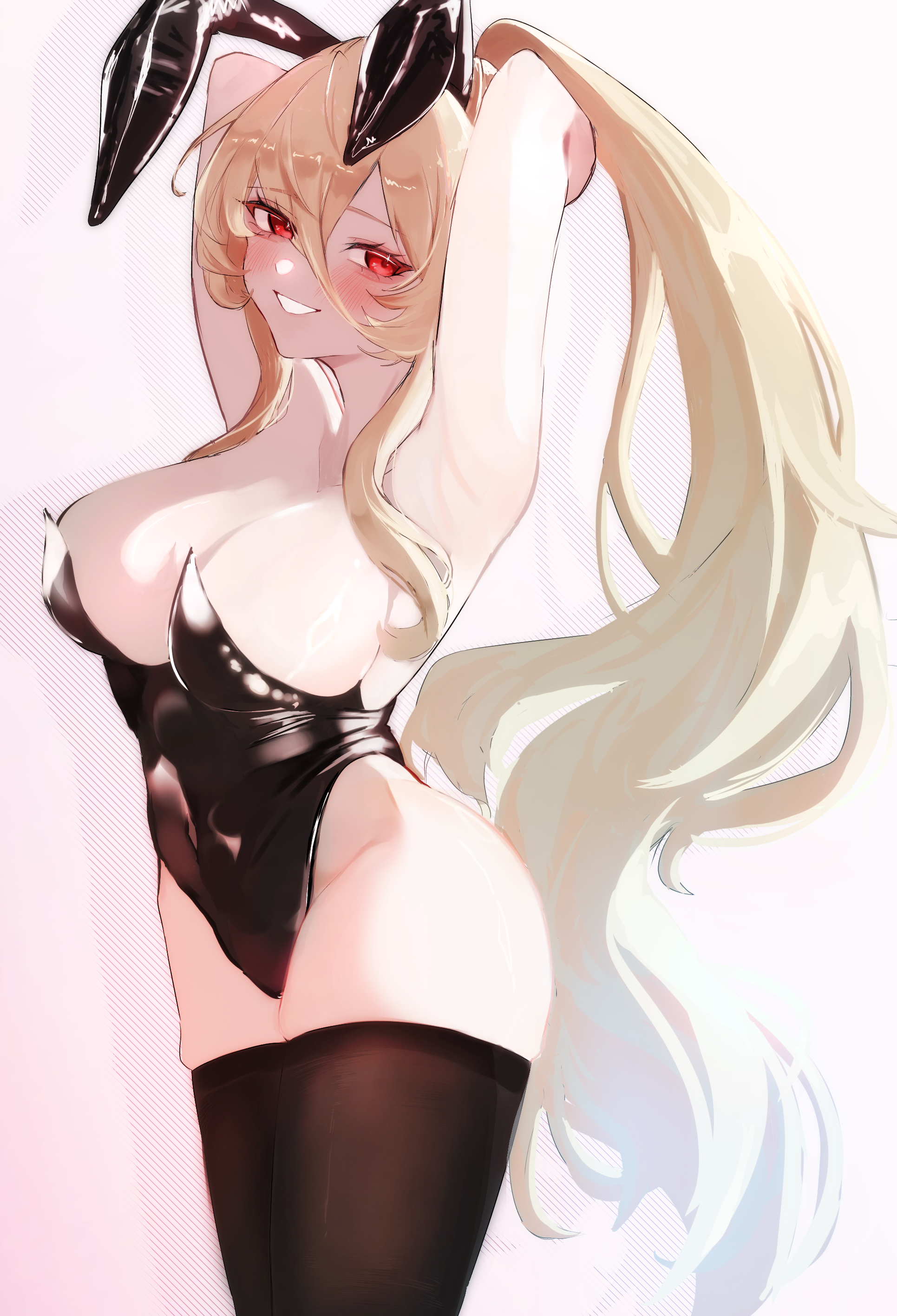 jmku2x, implacable (azur lane), azur lane, absurdres, commentary request, highres, 1girl, animal ears, armpits, arms behind head, black leotard, black thighhighs, blonde hair, blush, breasts, grin, high ponytail, highleg, highleg leotard, large breasts, leotard, long bangs, long hair, looking at viewer, playboy bunny, ponytail, rabbit ears, red eyes, skindentation, smile, solo, strapless, strapless leotard, thighhighs, very long hair