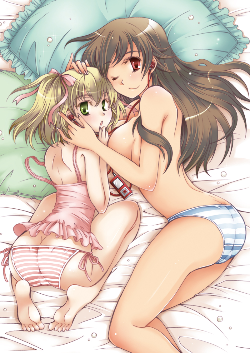 shiba-dogs, original, 2girls, ass, barefoot, blonde hair, blue eyes, bottomless, breasts, brown eyes, brown hair, camisole, feet, large breasts, long hair, multiple girls, panties, short hair, side-tie panties, striped clothes, striped panties, topless female, underwear, underwear only