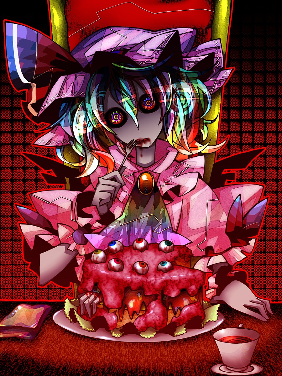 senmu (0107), remilia scarlet, touhou, bad id, bad pixiv id, highres, 1girl, acid trip, bad food, blood, cake, creepy, eyeball, female focus, food, horror (theme), multicolored hair, pale skin, solo