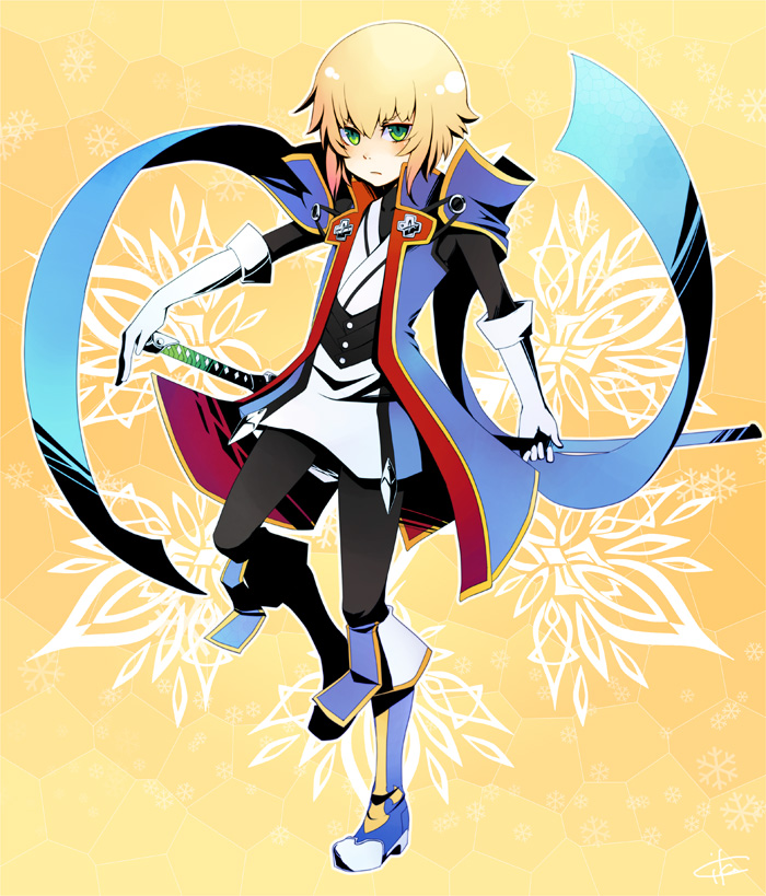 cika, cika (pixiv319331), kisaragi jin, arc system works, blazblue, blazblue: calamity trigger, uniform, 1boy, blonde hair, blue boots, boots, gloves, green eyes, male focus, solo, sword, weapon, yellow background, yukianesa