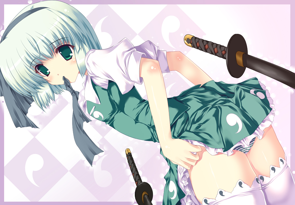 shimesaba kohada, konpaku youmu, touhou, silver hair, bad id, bad pixiv id, 1girl, blush, body blush, clothes lift, dutch angle, female focus, flat chest, green eyes, hairband, katana, leaning forward, looking back, mouth hold, panties, sheath, sheathed, short hair, skirt, skirt lift, solo, striped clothes, striped panties, sword, thighhighs, thighs, underwear, weapon