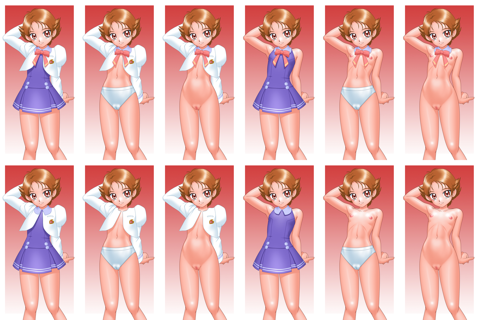 delica, natsuki rin, precure, yes! precure 5, highres, 00s, 1girl, armpits, bottomless, bow, brown eyes, brown hair, cameltoe, cleft of venus, completely nude, flat chest, l'ecole des cinq lumieres school uniform, loli, no panties, nude, panties, pussy, school uniform, topless female, underwear, underwear only, white panties