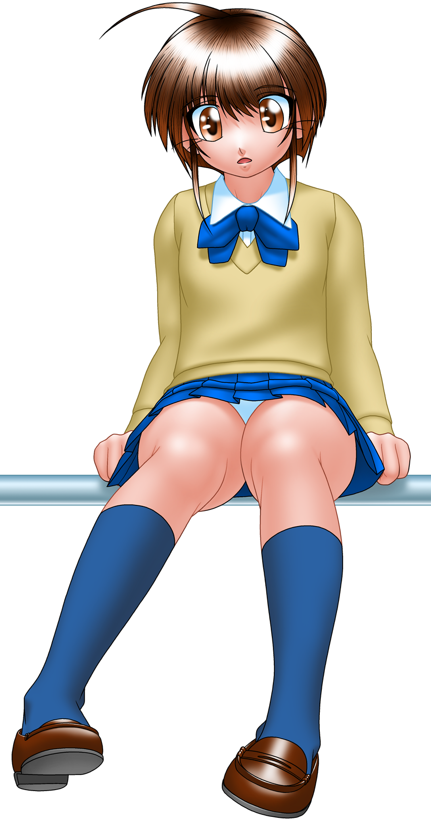 delica, highres, ahoge, brown eyes, brown hair, panties, pantyshot, school uniform, sitting, skirt, solo, sweater, underwear, upskirt, white panties