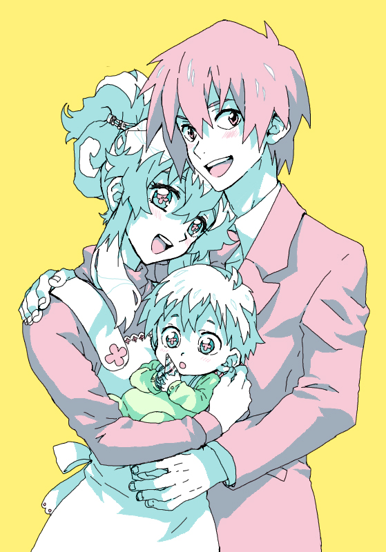 matsukaze yukiji, yuutu, nia teppelin, simon (ttgl), tengen toppa gurren lagann, + +, 00s, 1boy, 1girl, baby, blush, carrying, core drill, couple, cross-shaped pupils, drill, family, family bonding, good end, hair bun, hetero, holding, husband and wife, if they mated, simple background, single hair bun, symbol-shaped pupils, yellow background