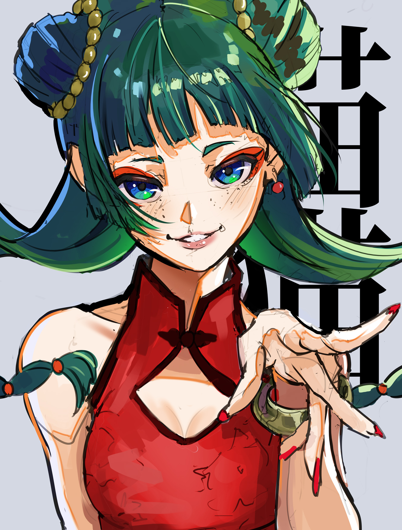 davoxime, maomao (kusuriya no hitorigoto), kusuriya no hitorigoto, commentary, english commentary, highres, bare shoulders, blue eyes, china dress, chinese clothes, cleavage cutout, clothing cutout, double bun, dress, earrings, freckles, green hair, hair bun, jewelry, long hair, looking at viewer, nail polish, parted lips, red dress, red nails, twintails