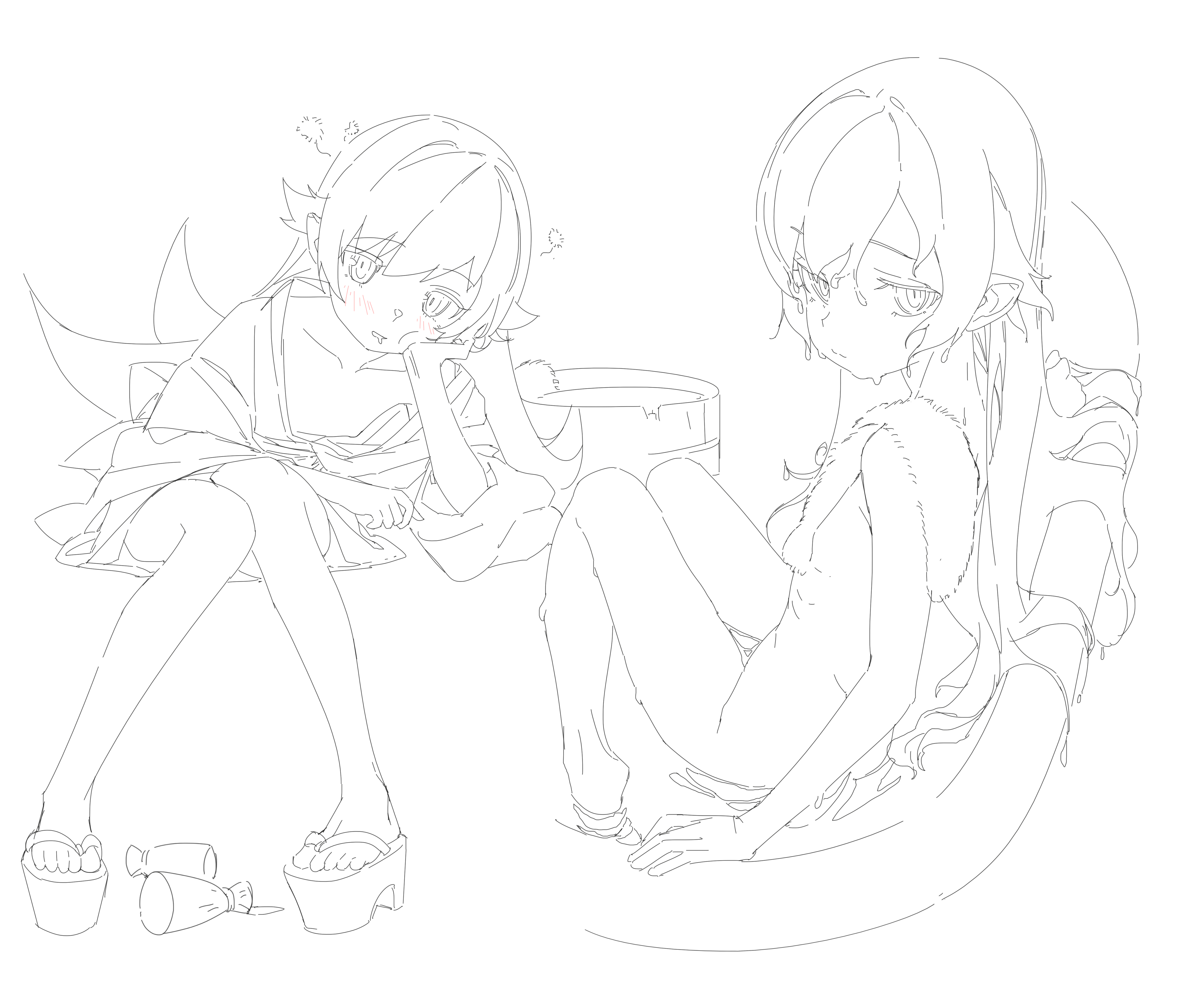 shishirui san, oshino shinobu, monogatari (series), absurdres, commentary request, highres, arm at side, arm rest, arm support, bathtub, bottle, bow, closed mouth, collarbone, completely nude, drooling, drunk, eyes visible through hair, flat chest, flipped hair, from above, from side, full body, hair between eyes, hair flaps, hair spread out, hand on lap, hand up, head rest, in bathtub, invisible chair, japanese clothes, kimono, knees together feet apart, knees up, leaning to the side, legs together, light blush, light frown, lineart, long hair, looking at viewer, multiple views, nude, okobo, oni, parted lips, platform sandals, pointy ears, ringed eyes, sake bottle, sandals, sidelocks, simple background, sitting, slit pupils, squeans, straight hair, towel, towel on one shoulder, very long hair, waist bow, washbowl, wet, wet hair, white background, yukata