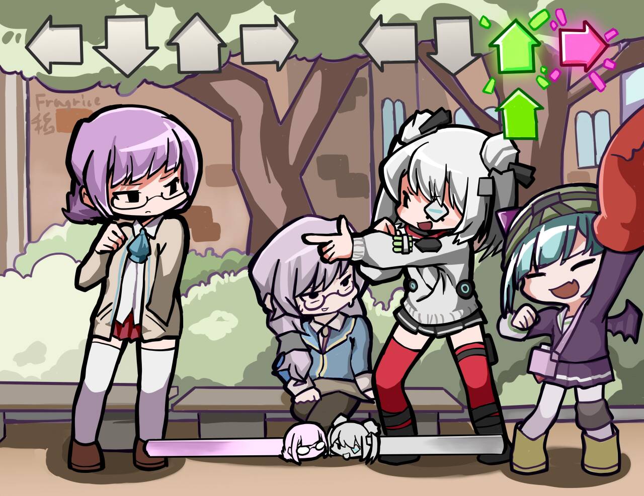 bungo yayoi, higuchi seika, izumi yuki (heaven burns red), yamawaki bon ivar, friday night funkin', heaven burns red, 4girls, :d, aqua hair, arm up, artist name, ascot, bag, bat wings, bench, black eyes, black ribbon, black skirt, blue ascot, blue hair, blue jacket, boots, boxing gloves, bush, cardigan, chibi, closed eyes, closed mouth, collared shirt, double bun, eyepatch, fake horns, fang, fanny pack, full body, gameplay mechanics, glasses, grey hair, hair bun, hair ornament, hair ribbon, hair scrunchie, hand in pocket, hands in pockets, hat, helmet, holding, hood, horned headwear, horns, jacket, jewelry, knee pads, llmy20250303, loafers, long hair, long sleeves, looking at another, low-tied long hair, low ponytail, medium hair, miniskirt, monocle, multiple girls, neckerchief, necktie, on bench, open mouth, outdoors, pantyhose, park, park bench, pleated skirt, pointing, pointing at another, ponytail, pouch, purple hair, purple jacket, purple necktie, purple skirt, red skirt, ribbon, school uniform, scrunchie, semi-rimless eyewear, shirt, shoes, short hair, shoulder bag, single knee pad, sitting, skirt, smile, standing, sweater, thigh pouch, thighhighs, tree, two side up, under-rim eyewear, user interface, white hair, white shirt, white sweater, white thighhighs, wings, zettai ryouiki