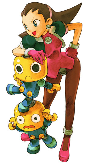 bengus, servbot (mega man), tron bonne (mega man), capcom, marvel, marvel vs. capcom, marvel vs. capcom 2, mega man (series), mega man legends (series), official art, 1girl, crotch plate, hair slicked back, hand on another's head, hand on own hip, pantyhose, pink shoes, shoes, simple background, white background