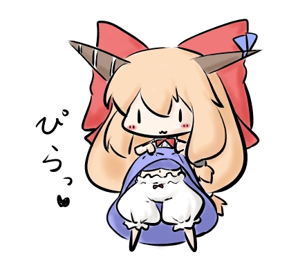 fuugetsu oreha ikiru, ibuki suika, touhou, lowres, 1girl, :3, bloomers, chibi, clothes lift, female focus, horns, ribbon, simple background, skirt, skirt lift, solo, underwear, white background