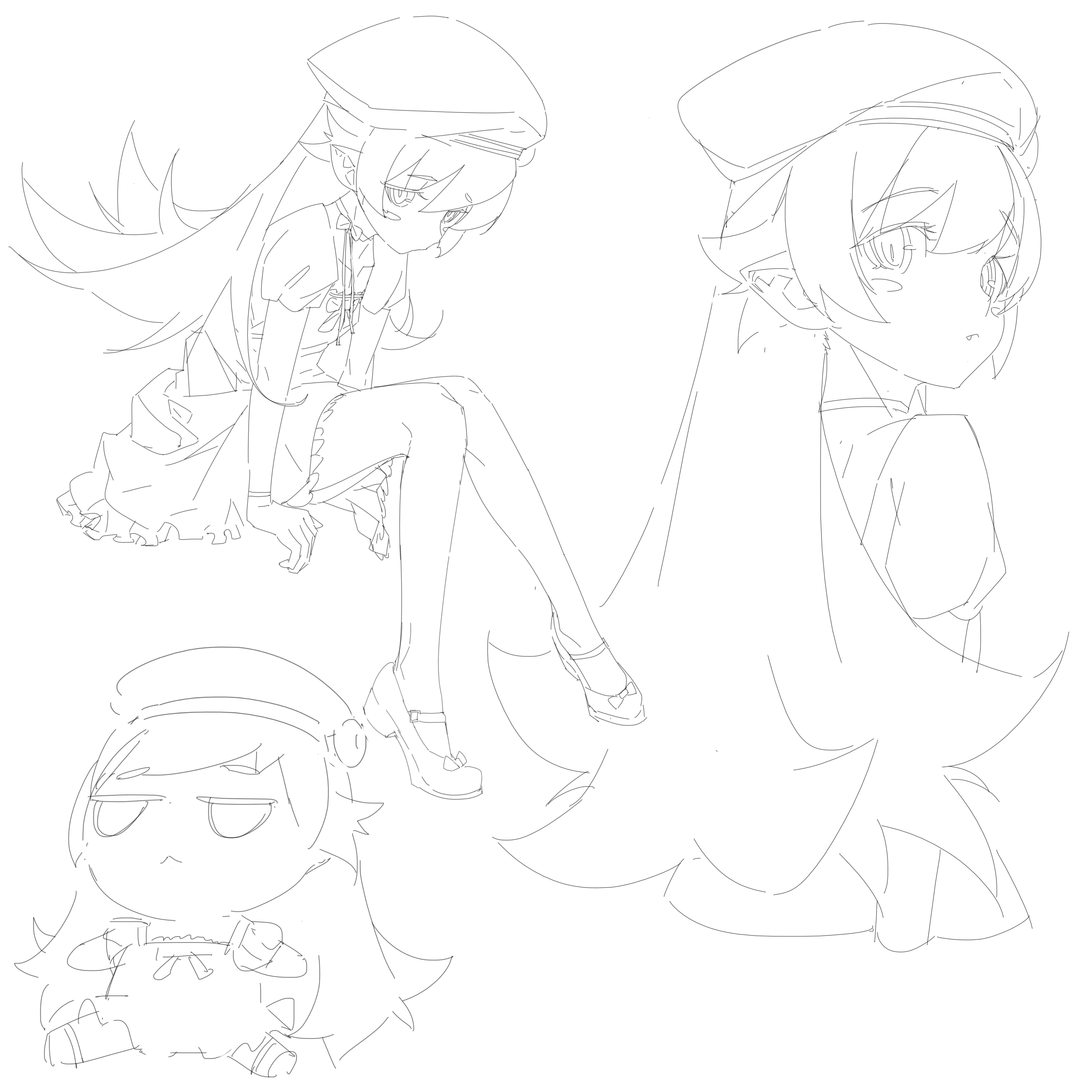 shishirui san, oshino shinobu, monogatari (series), absurdres, commentary request, highres, 1girl, :<, arm at side, arm support, arms at sides, beret, blush stickers, bow, bracelet, closed mouth, collarbone, cropped torso, dress, dress bow, expressionless, eyes visible through hair, fang, fang out, flipped hair, footwear bow, frilled dress, frills, from behind, from side, full body, fumo (doll), hair between eyes, hair flaps, hat, hat ornament, invisible chair, jewelry, jitome, leaning forward, legs apart, lineart, long hair, looking at viewer, mary janes, multiple views, neck ribbon, no pupils, outstretched arms, pointy ears, puffy short sleeves, puffy sleeves, ribbon, ringed eyes, shoes, short sleeves, sidelocks, simple background, sitting, slit pupils, spread arms, upper body, very long hair, white background