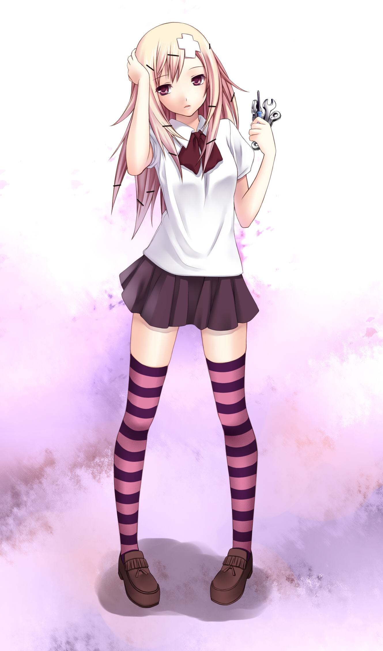 nana mikoto, sumeragi kururu, air gear, highres, 00s, 1girl, cross hair ornament, female focus, hair ornament, hairclip, legs, long hair, skirt, solo, striped clothes, striped thighhighs, thighhighs, wrench, zettai ryouiki