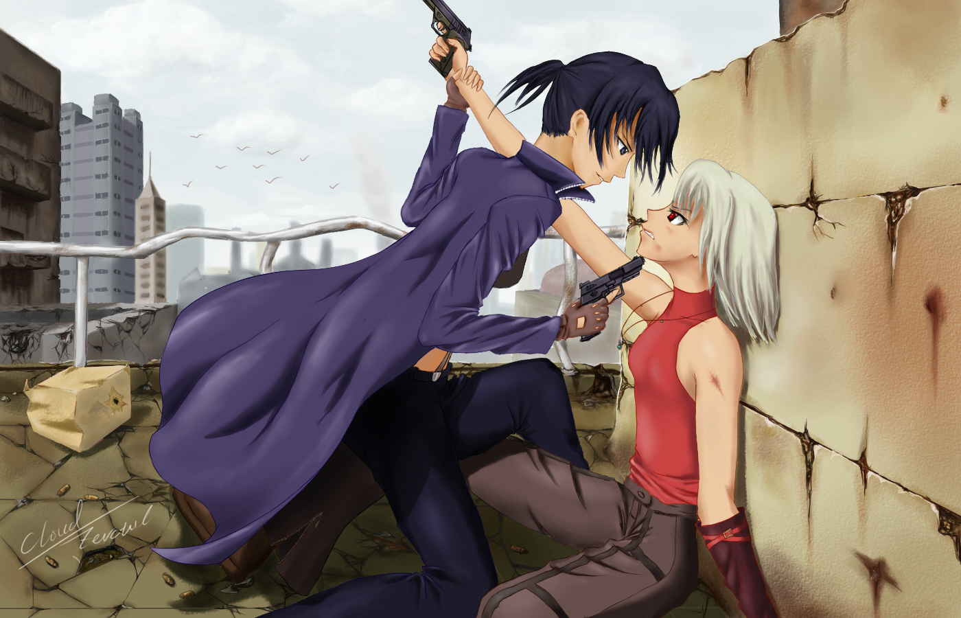 alphard (canaan), canaan (character), 428, 428: fuusa sareta shibuya de, canaan (series), chunsoft, 2girls, black eyes, black hair, gun, multiple girls, ponytail, red eyes, short hair, sleeveless, sleeveless turtleneck, turtleneck, weapon, white hair