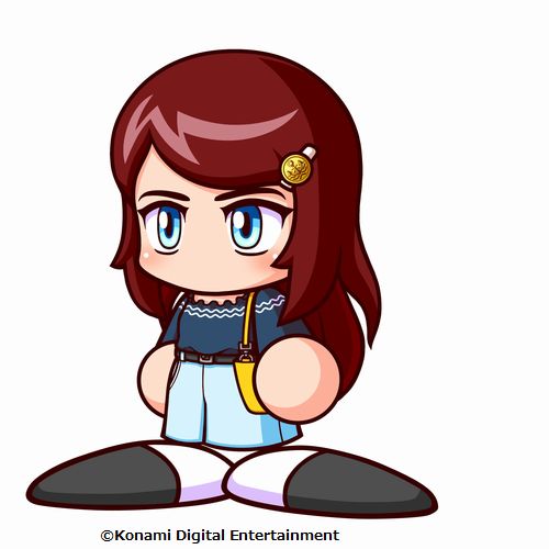 jikkyou powerful pro yakyuu, power pro appli, artist request, commentary request, lowres, official art, 1girl, aqua skirt, bag, belt, black belt, blue eyes, blue shirt, brown hair, copyright notice, hair ornament, jikkyou powerful pro yakyuu (style), long hair, no mouth, rayman limbs, shirt, shoulder bag, skirt, solo, tatehashi minato, white background, yellow bag