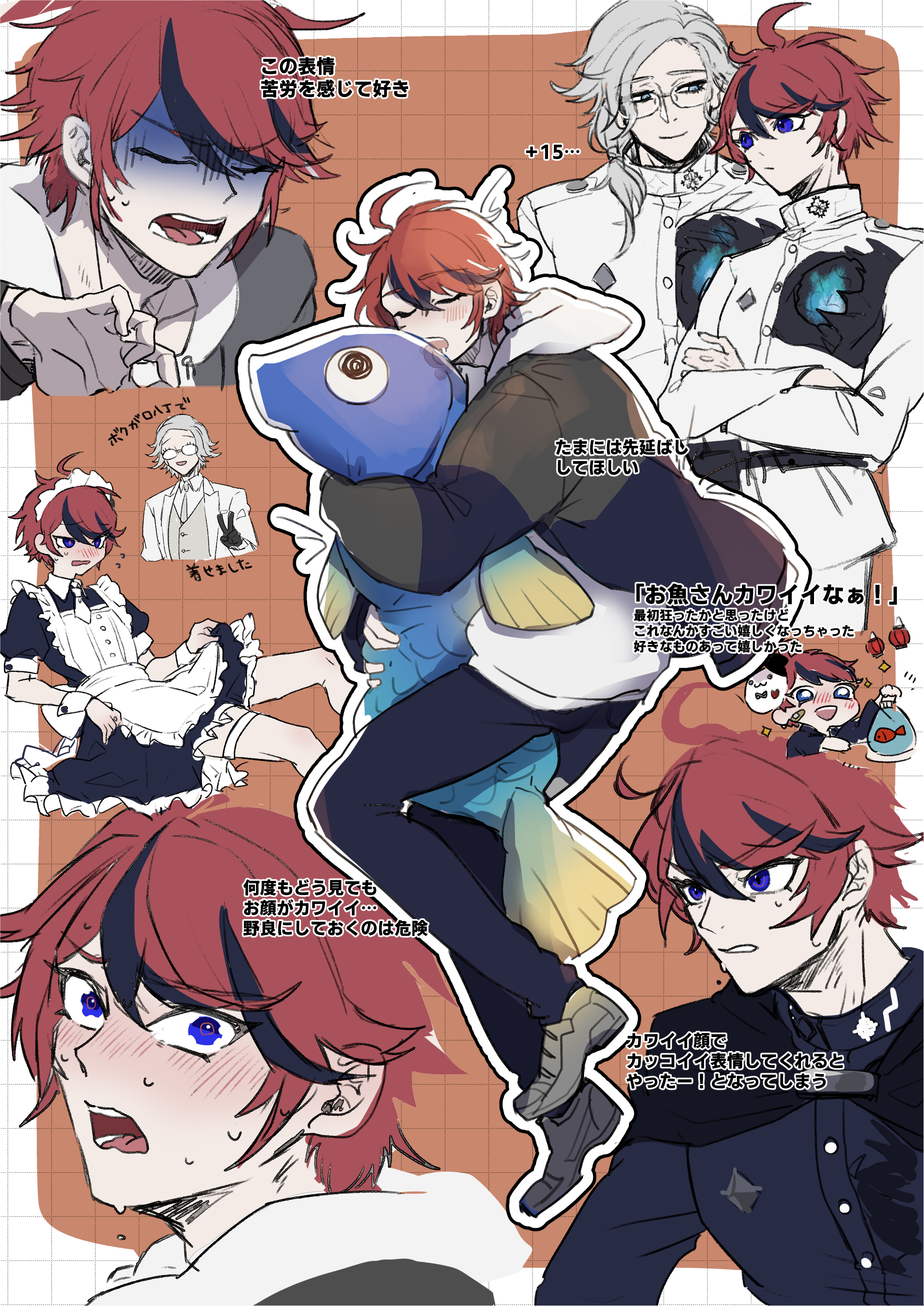 aotsuki eito, sirei (hundred line), sumino takumi, the hundred line -last defense academy-, absurdres, commentary request, highres, translation request, 2boys, :d, adjusting clothes, ahoge, alternate costume, animal-shaped pillow, apron, bag, bagged fish, bandaid, bandaid on face, black cape, black dress, black gloves, black jacket, black pants, black streaks, blue eyes, blush, border, butler, cape, character mask, closed eyes, crossdressing, crossdressing (mtf), crossed arms, dress, drooling, enmaided, fish, frills, glasses, gloves, grey hair, grey jacket, grey necktie, grey vest, grid background, hair over shoulder, hatching (texture), holding, holding bag, hood, hoodie, hugging object, jacket, jacket over hoodie, lantern, linear hatching, maid, maid apron, maid headdress, male focus, male maid, mask, medium hair, multicolored hair, multiple boys, multiple views, necktie, nose blush, open mouth, orange background, outline, outside border, pants, paper lantern, ponytail, puffy sleeves, red hair, ringed eyes, shaded face, shirt, shoes, short hair, smile, streaked hair, sweat, two-tone hair, user vudu8523, v, vest, white apron, white border, white hoodie, white jacket, white outline, white shirt, white shoes