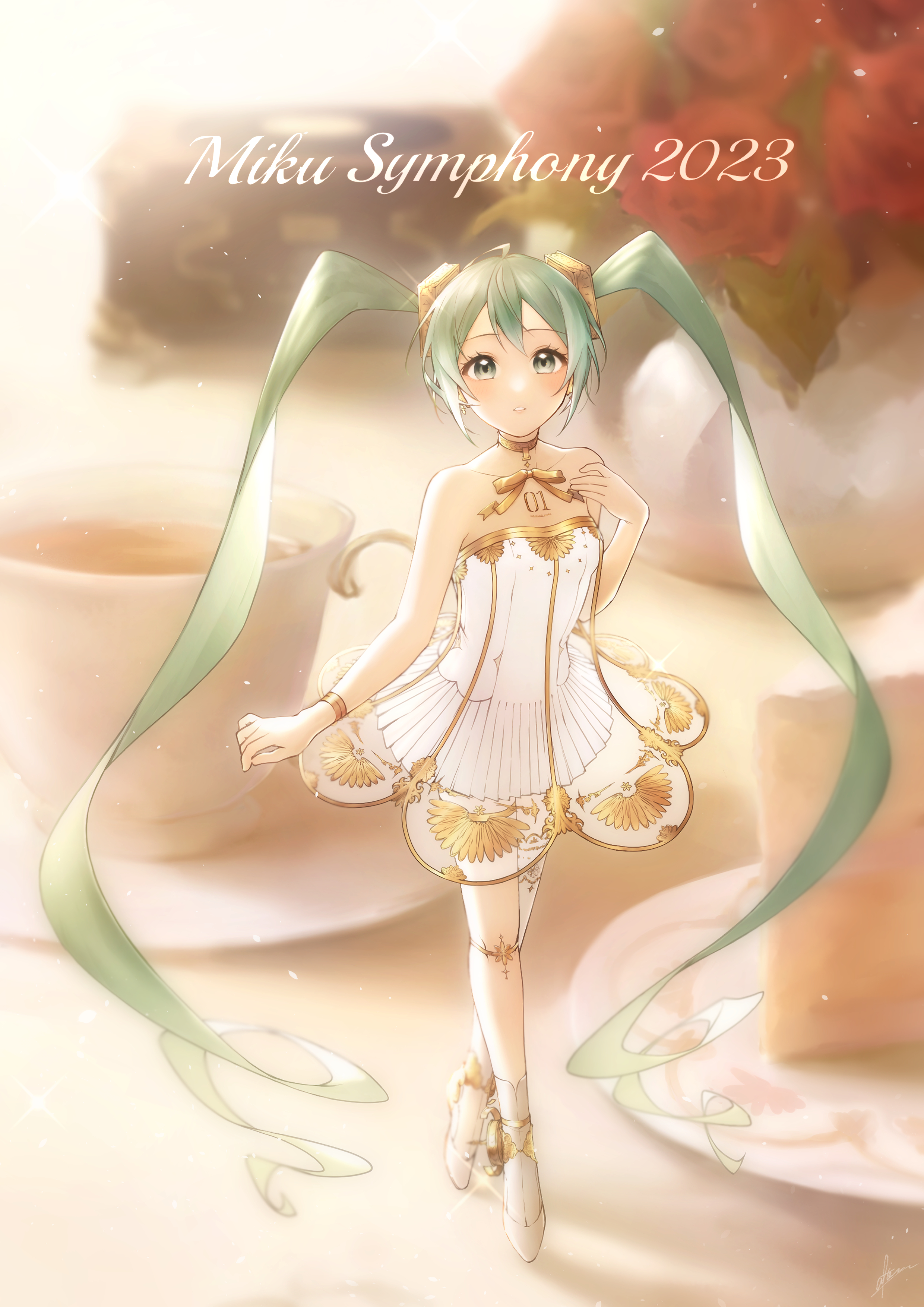 after0217, gramophone miku, hatsune miku, miku symphony (vocaloid), vocaloid, gold armlet, absurdres, commentary request, highres, 1girl, armlet, ballerina, ballet slippers, bare shoulders, bracelet, collarbone, cup, dress, gold bracelet, green eyes, green hair, hair between eyes, hair ornament, hand on own chest, jewelry, layered dress, long hair, looking at viewer, number tattoo, official alternate costume, official alternate hairstyle, parted lips, solo, strapless, strapless dress, tattoo, teacup, twintails, very long hair, white dress