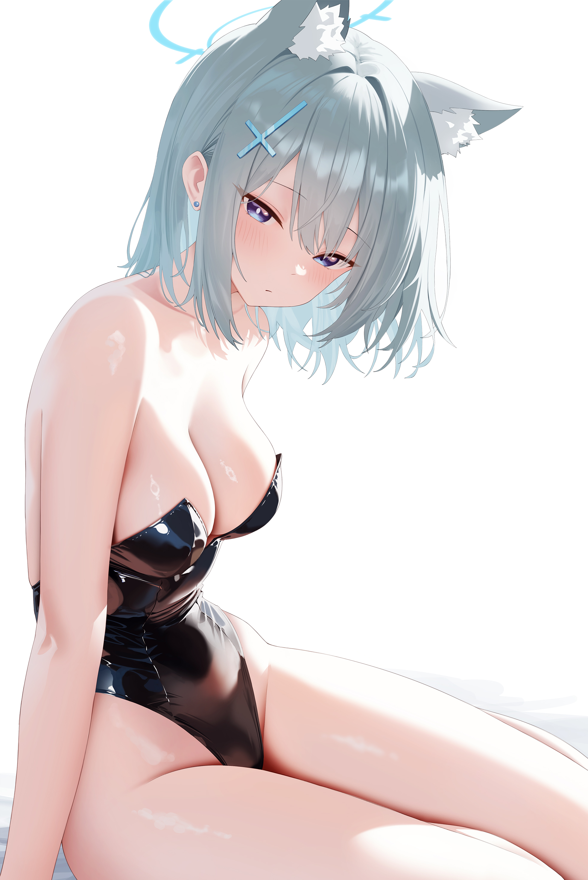 ju-ok, shiroko (blue archive), blue archive, absurdres, highres, 1girl, alternate costume, animal ear fluff, animal ears, bare arms, bare shoulders, black leotard, blue eyes, breasts, cleavage, closed mouth, collarbone, cross hair ornament, earrings, expressionless, extra ears, grey hair, hair ornament, halo, highleg, highleg leotard, jewelry, leotard, medium breasts, medium hair, nontraditional playboy bunny, playboy bunny, simple background, sitting, solo, strapless, strapless leotard, thighs, white background, white hair, wolf ears