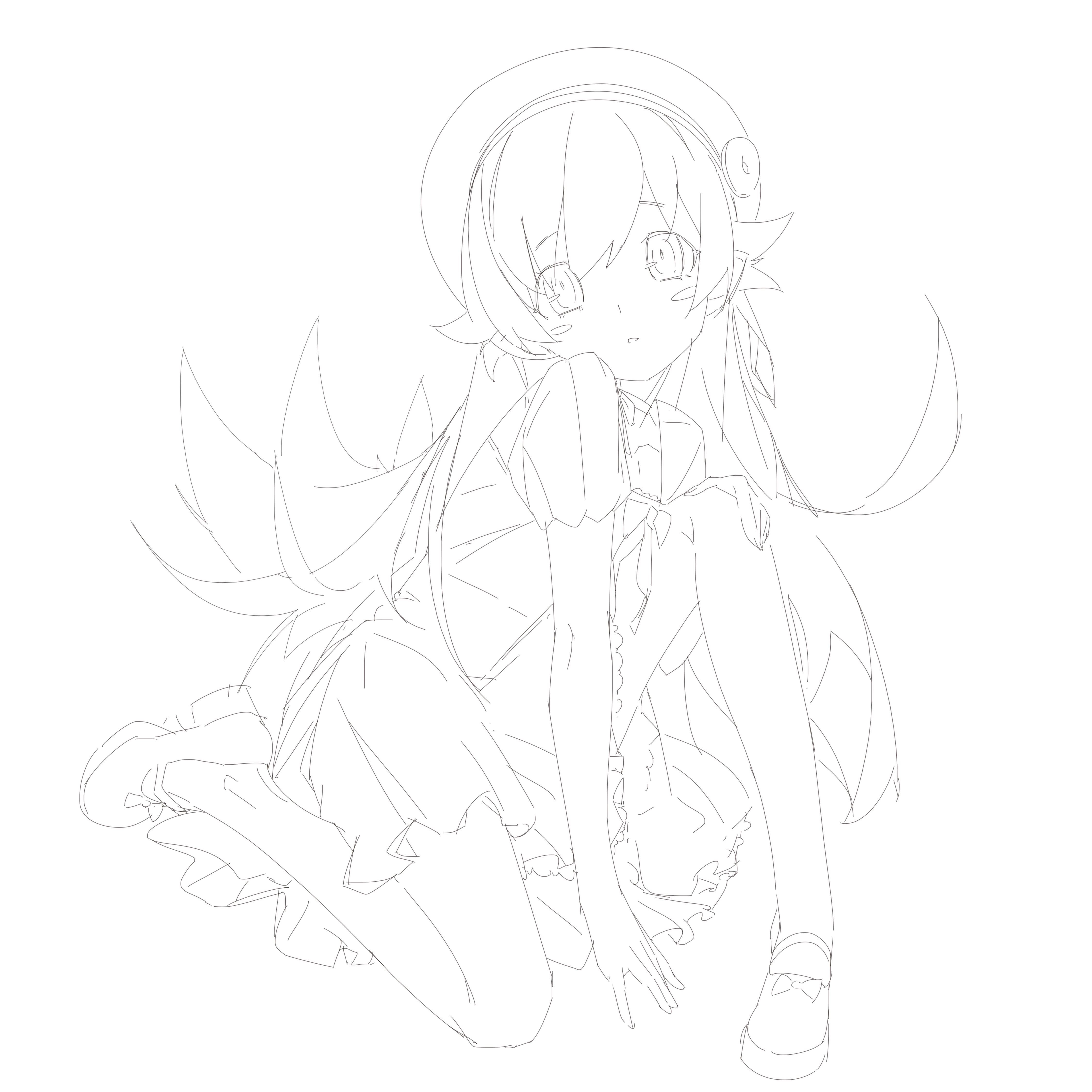 shishirui san, oshino shinobu, monogatari (series), absurdres, commentary request, highres, 1girl, beret, blush stickers, bow, collarbone, dot nose, dress, dress bow, eyes visible through hair, flipped hair, frilled dress, frills, hair between eyes, hair flaps, hand on own knee, hand up, hat, hat ornament, knee up, lineart, long hair, looking at viewer, mary janes, neck ribbon, on one knee, parted lips, pointy ears, ribbon, ringed eyes, shoes, short sleeves, sidelocks, simple background, solo, very long hair, white background